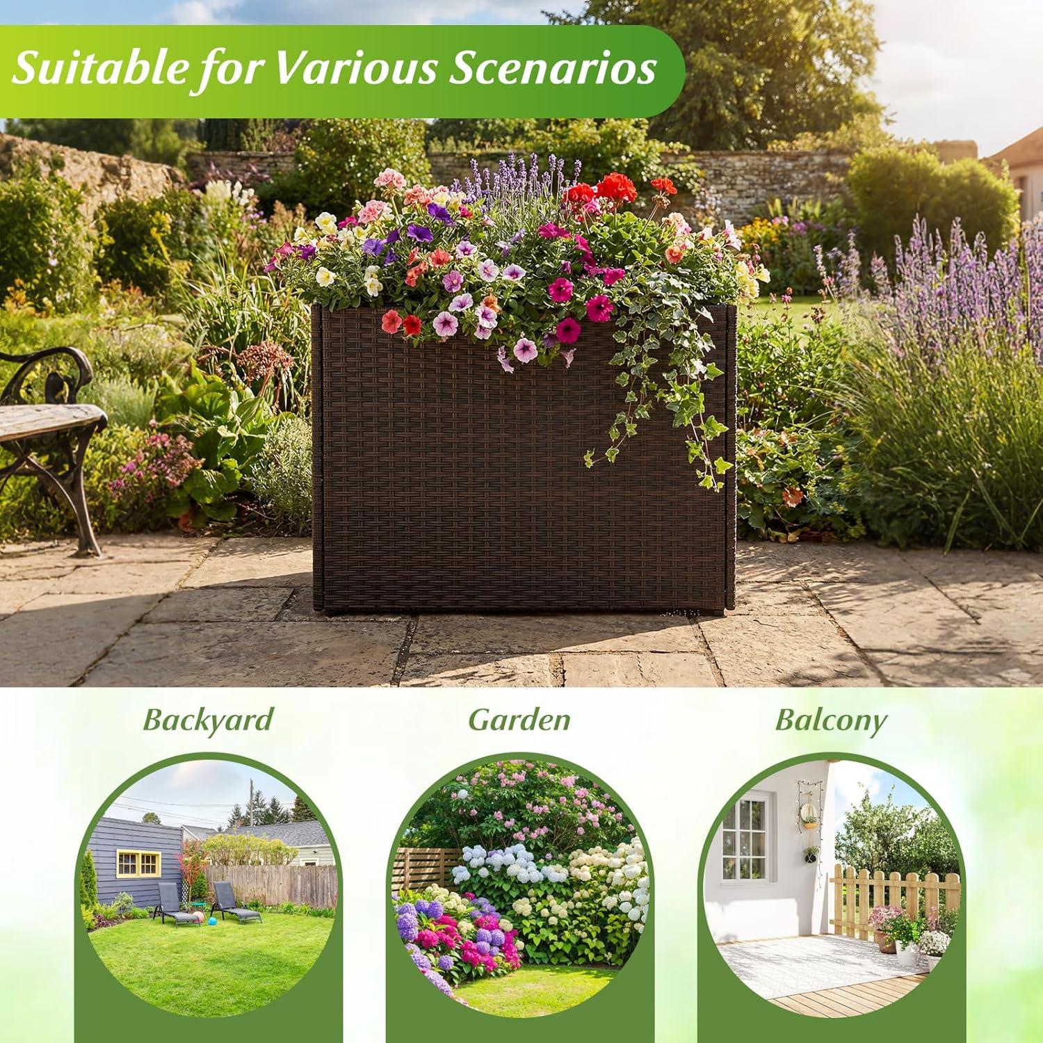 image:imageGiantex Wicker Raised Garden Bed with Wheels 38x12x14 Rectangular Garden Planter Box wPE Rattan Liner Fabric Wicker Patio Elevated Raised Bed for Vegetable Flower Herb Porch Balcony1