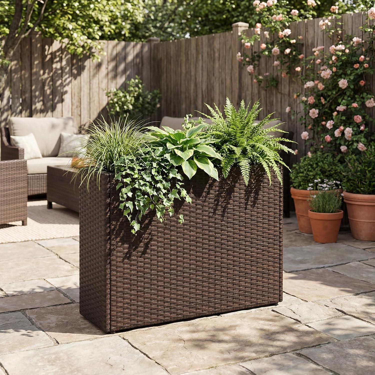 image:imageGiantex Wicker Raised Garden Bed with Wheels 38x12x14 Rectangular Garden Planter Box wPE Rattan Liner Fabric Wicker Patio Elevated Raised Bed for Vegetable Flower Herb Porch Balcony2