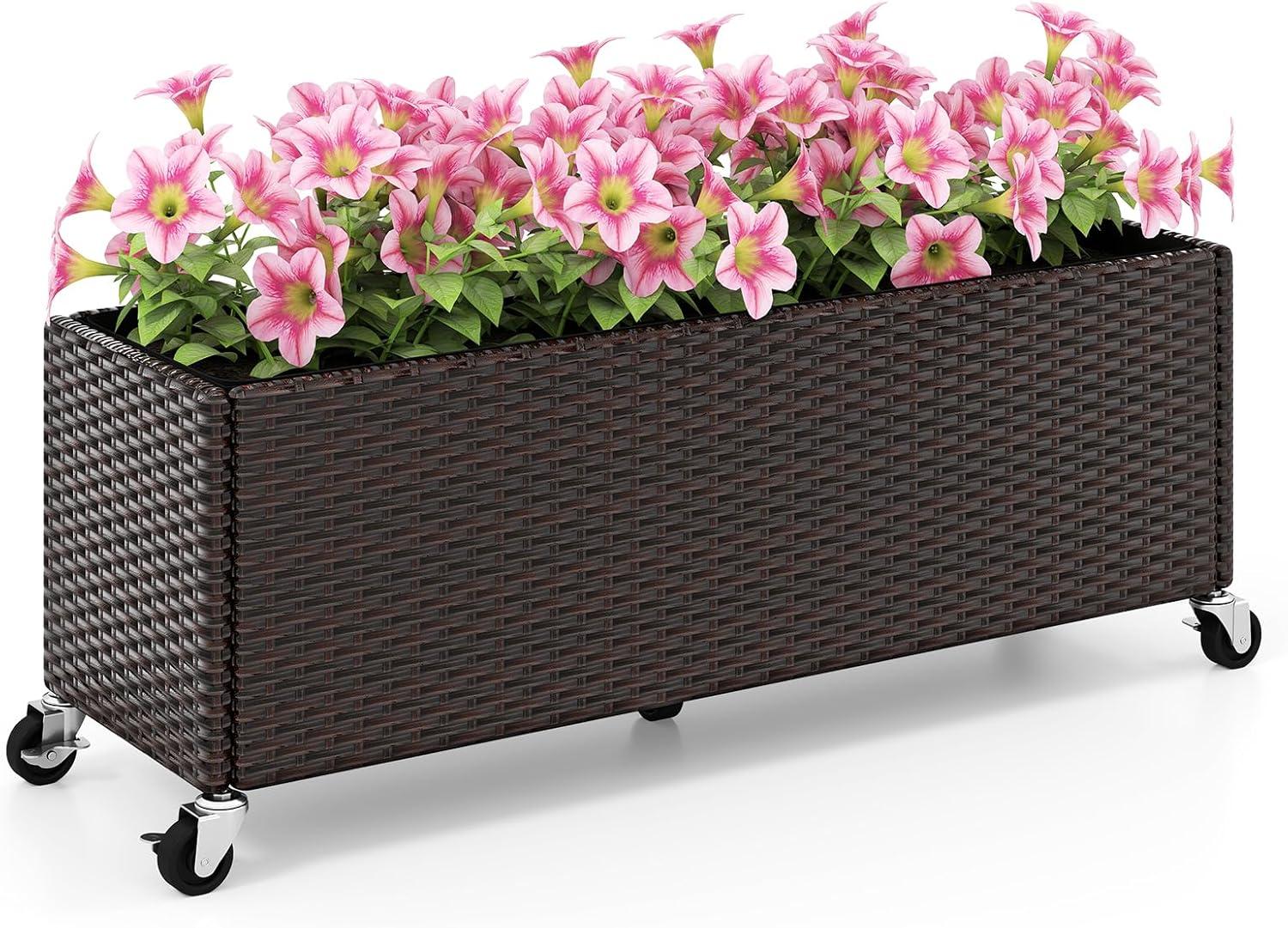 image:imageGiantex Wicker Raised Garden Bed with Wheels 38x12x14 Rectangular Garden Planter Box wPE Rattan Liner Fabric Wicker Patio Elevated Raised Bed for Vegetable Flower Herb Porch Balcony1