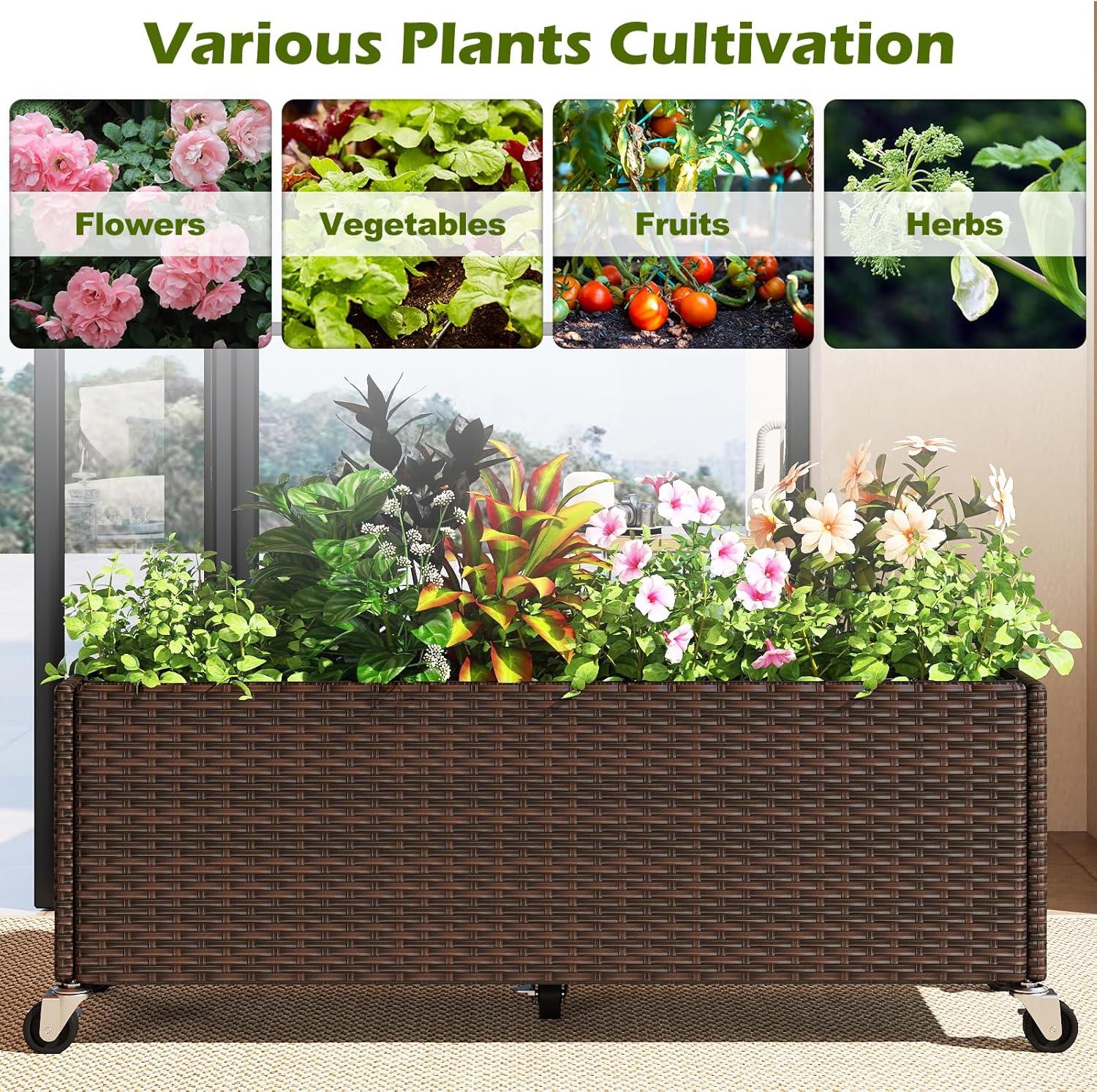 image:imageGiantex Wicker Raised Garden Bed with Wheels 38x12x14 Rectangular Garden Planter Box wPE Rattan Liner Fabric Wicker Patio Elevated Raised Bed for Vegetable Flower Herb Porch Balcony1