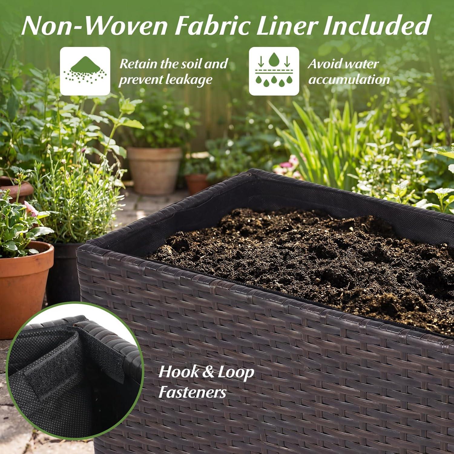 image:imageGiantex Wicker Raised Garden Bed with Wheels 38x12x14 Rectangular Garden Planter Box wPE Rattan Liner Fabric Wicker Patio Elevated Raised Bed for Vegetable Flower Herb Porch Balcony1