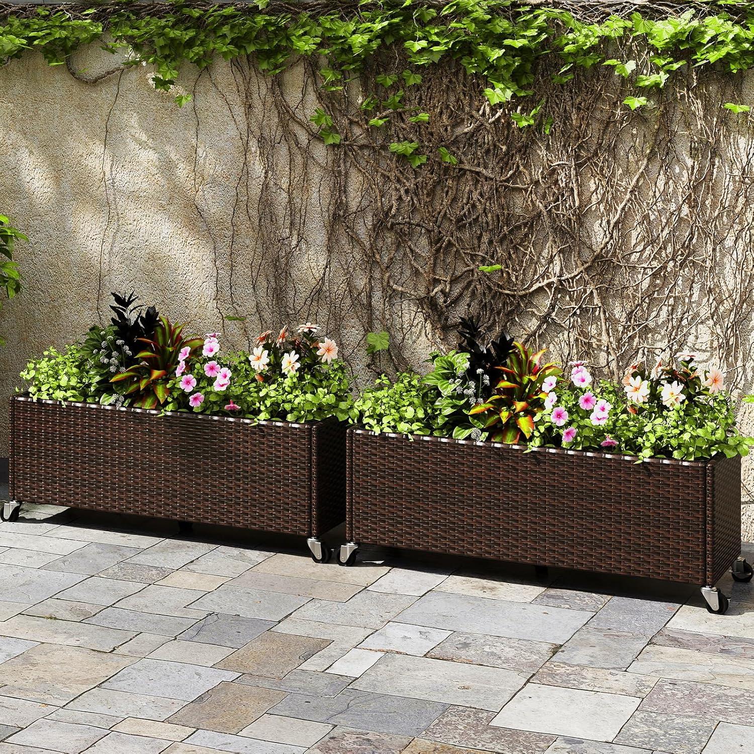 image:imageGiantex Wicker Raised Garden Bed with Wheels 38x12x14 Rectangular Garden Planter Box wPE Rattan Liner Fabric Wicker Patio Elevated Raised Bed for Vegetable Flower Herb Porch Balcony1