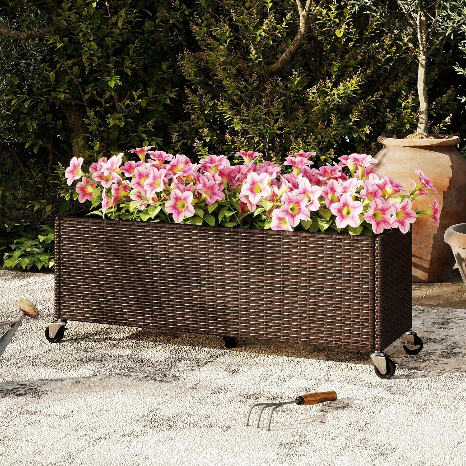 image:imageGiantex Wicker Raised Garden Bed with Wheels 38x12x14 Rectangular Garden Planter Box wPE Rattan Liner Fabric Wicker Patio Elevated Raised Bed for Vegetable Flower Herb Porch Balcony1