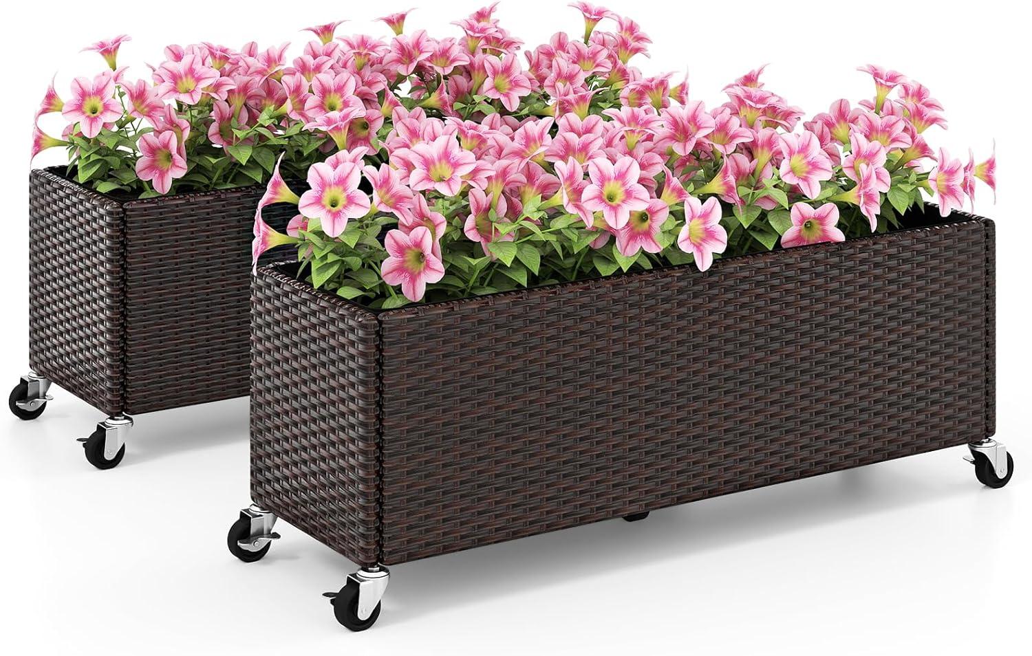 image:imageGiantex Wicker Raised Garden Bed with Wheels 38x12x14 Rectangular Garden Planter Box wPE Rattan Liner Fabric Wicker Patio Elevated Raised Bed for Vegetable Flower Herb Porch Balcony2