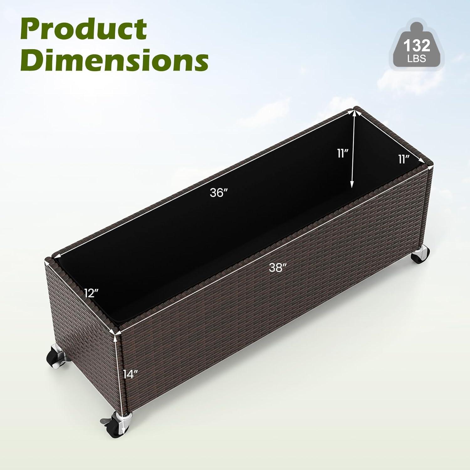 image:imageGiantex Wicker Raised Garden Bed with Wheels 38x12x14 Rectangular Garden Planter Box wPE Rattan Liner Fabric Wicker Patio Elevated Raised Bed for Vegetable Flower Herb Porch Balcony2