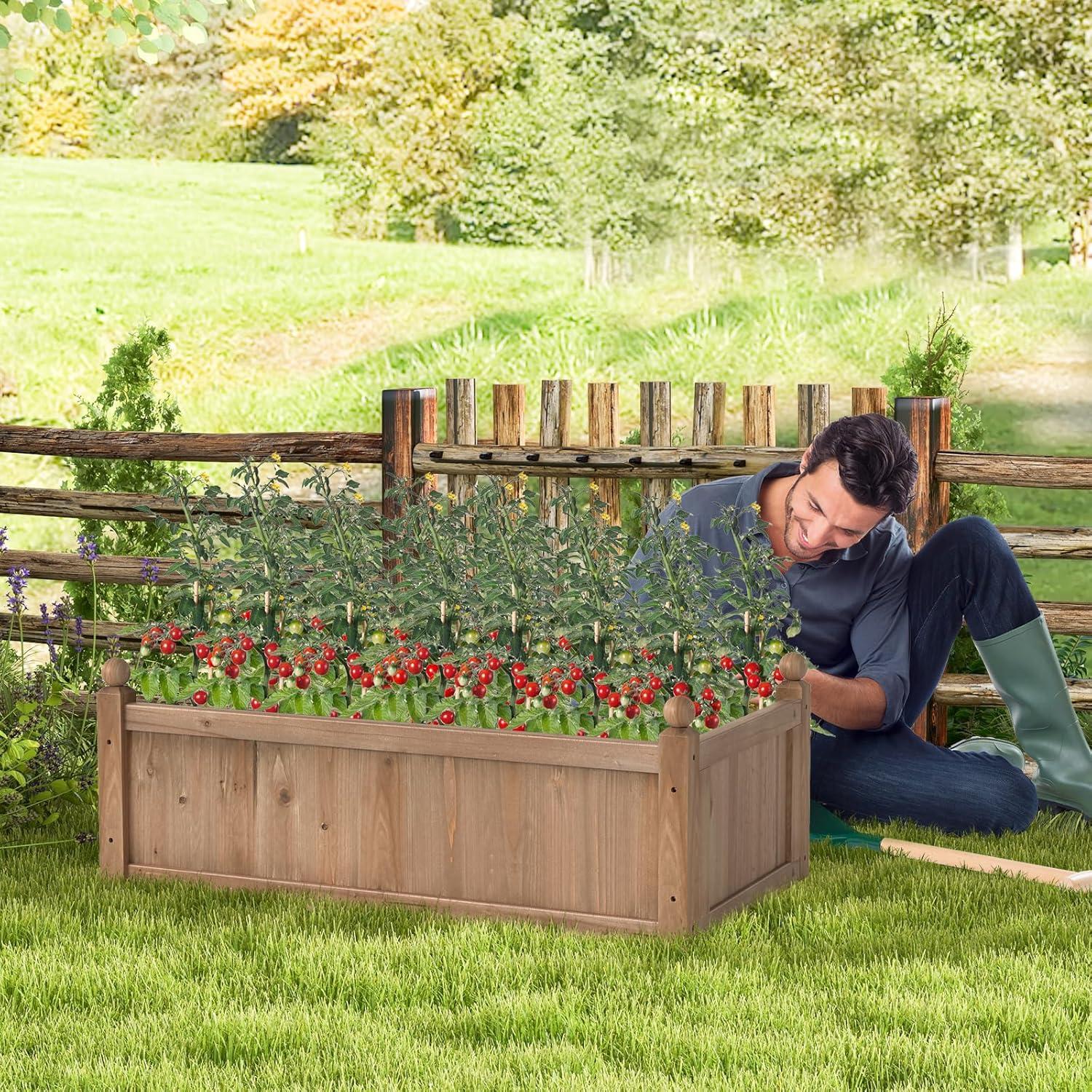 image:imageGiantex Wood Raised Garden Bed 46x24x16 Rectangular Planter Box wDrainage Holes for Growing Vegetables Flowers Herbs Fruits Easy Assembly Outdoor Planting Bed for Backyard Garden LawnLight Brown