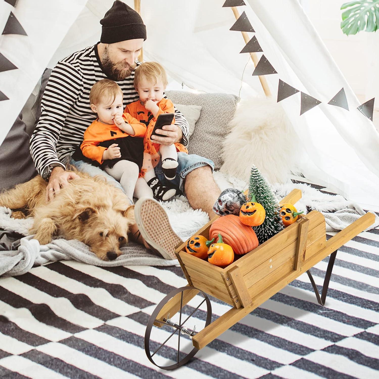 image:imageGiantex Wood Wagon Planter Small Wheelbarrow Wagon Cart Indoor amp Outdoor Decorative Raised Bed W 9 Magnetic Accessories Flower Pot Wheelbarrow Cart for Garden Backyard RedWalnut
