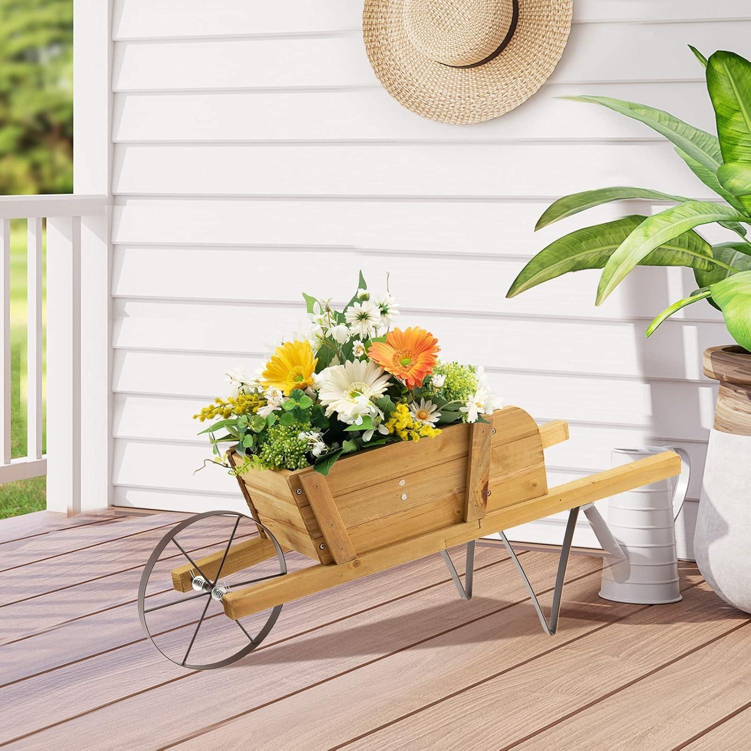 image:imageGiantex Wood Wagon Planter Small Wheelbarrow Wagon Cart Indoor amp Outdoor Decorative Raised Bed W 9 Magnetic Accessories Flower Pot Wheelbarrow Cart for Garden Backyard RedWalnut