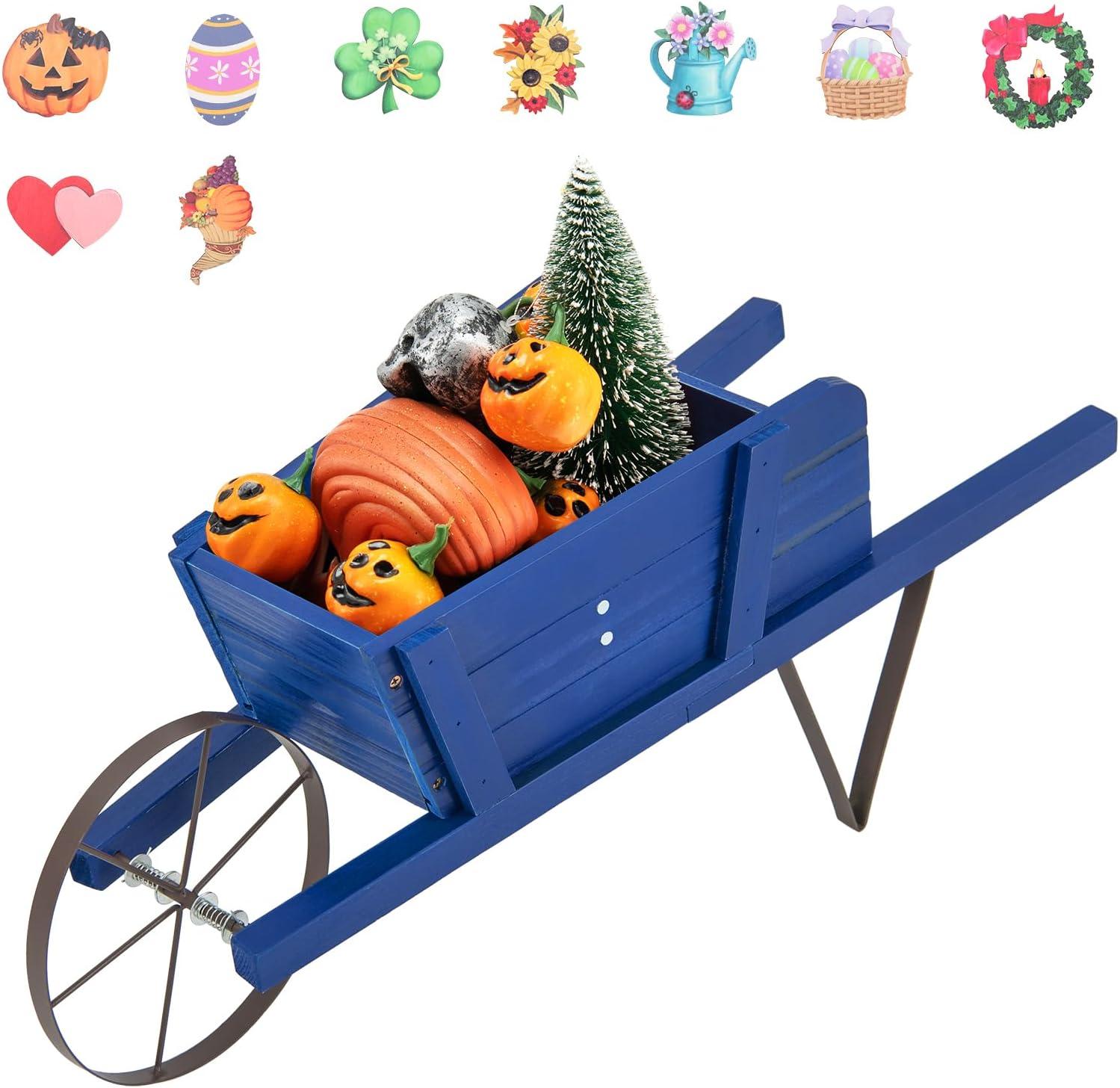 image:imageGiantex Wood Wagon Planter Small Wheelbarrow Wagon Cart Indoor amp Outdoor Decorative Raised Bed W 9 Magnetic Accessories Flower Pot Wheelbarrow Cart for Garden Backyard RedBlue
