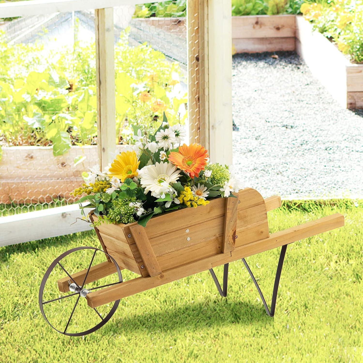 image:imageGiantex Wood Wagon Planter Small Wheelbarrow Wagon Cart Indoor amp Outdoor Decorative Raised Bed W 9 Magnetic Accessories Flower Pot Wheelbarrow Cart for Garden Backyard RedWalnut