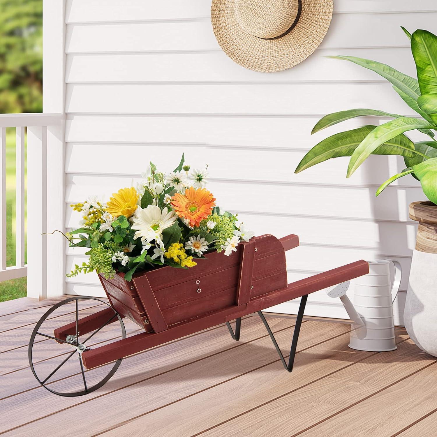 image:imageGiantex Wood Wagon Planter Small Wheelbarrow Wagon Cart Indoor amp Outdoor Decorative Raised Bed W 9 Magnetic Accessories Flower Pot Wheelbarrow Cart for Garden Backyard RedRed