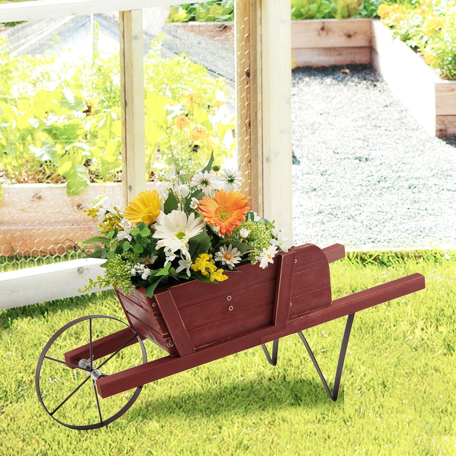image:imageGiantex Wood Wagon Planter Small Wheelbarrow Wagon Cart Indoor amp Outdoor Decorative Raised Bed W 9 Magnetic Accessories Flower Pot Wheelbarrow Cart for Garden Backyard RedRed