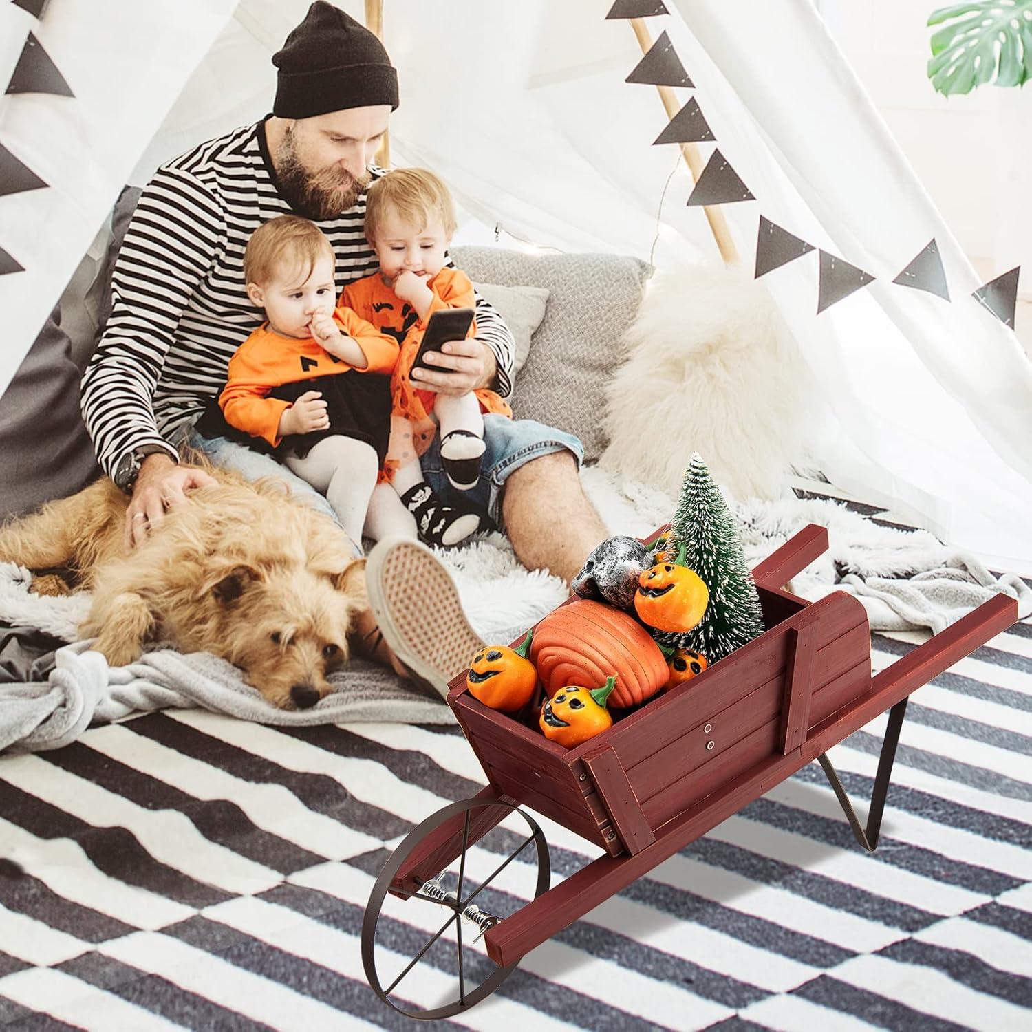 image:imageGiantex Wood Wagon Planter Small Wheelbarrow Wagon Cart Indoor amp Outdoor Decorative Raised Bed W 9 Magnetic Accessories Flower Pot Wheelbarrow Cart for Garden Backyard RedRed