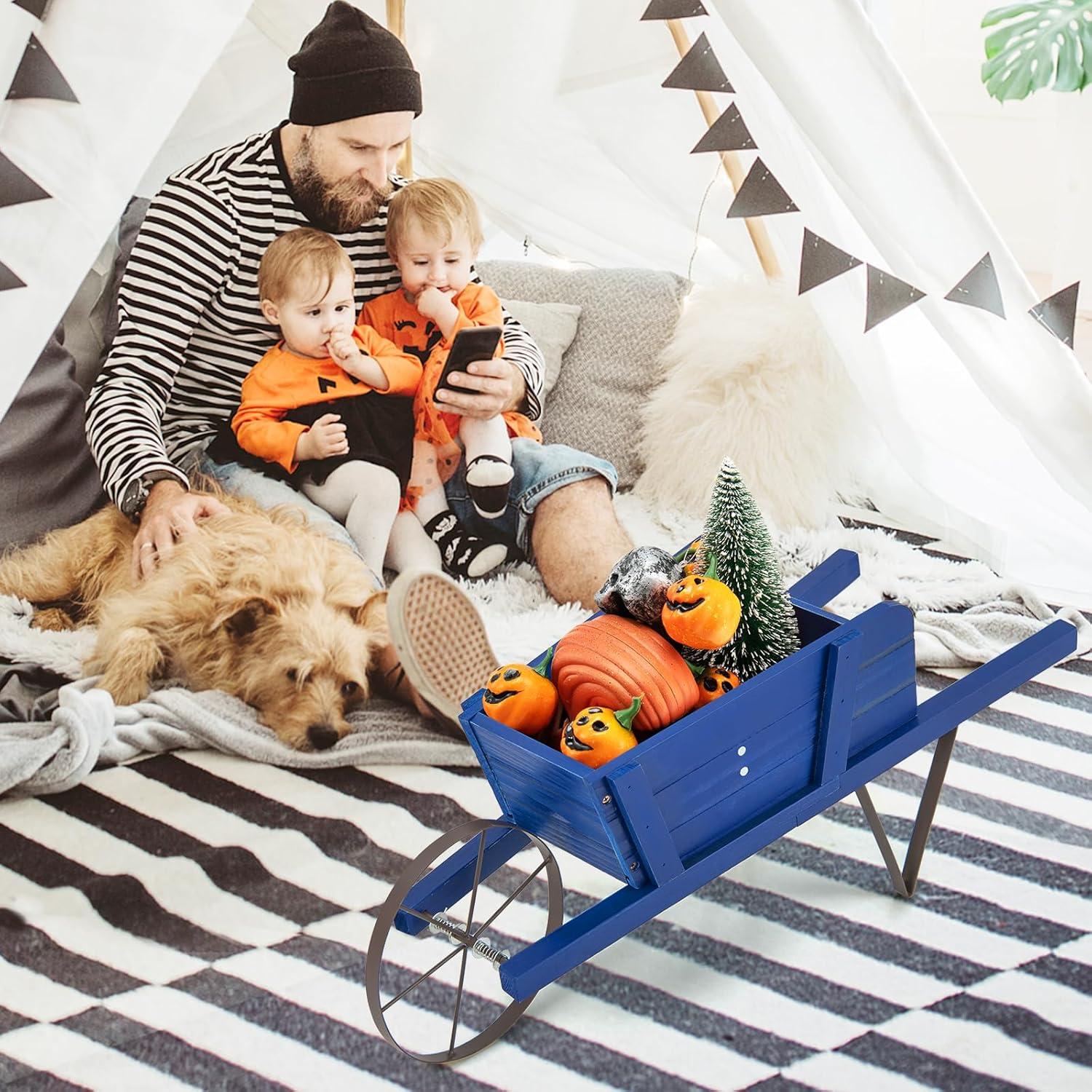 image:imageGiantex Wood Wagon Planter Small Wheelbarrow Wagon Cart Indoor amp Outdoor Decorative Raised Bed W 9 Magnetic Accessories Flower Pot Wheelbarrow Cart for Garden Backyard RedBlue
