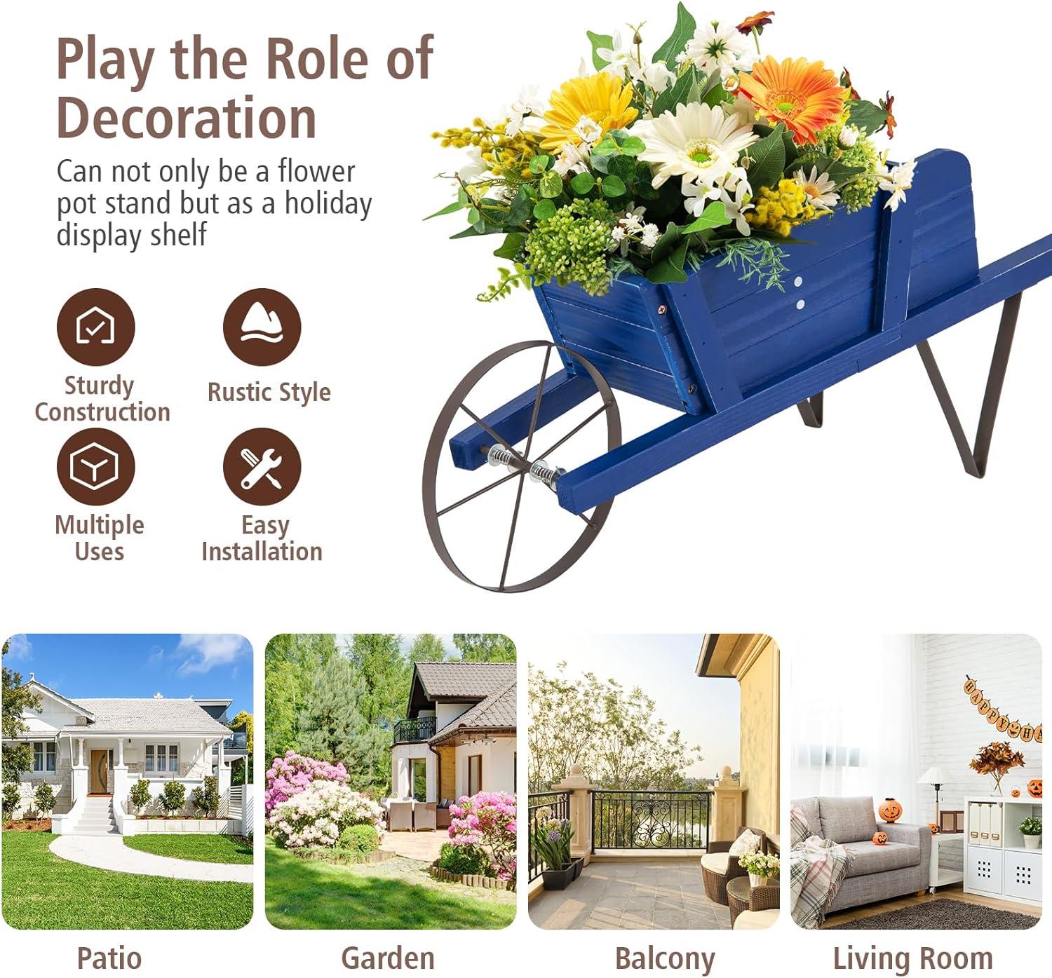 image:imageGiantex Wood Wagon Planter Small Wheelbarrow Wagon Cart Indoor amp Outdoor Decorative Raised Bed W 9 Magnetic Accessories Flower Pot Wheelbarrow Cart for Garden Backyard RedBlue