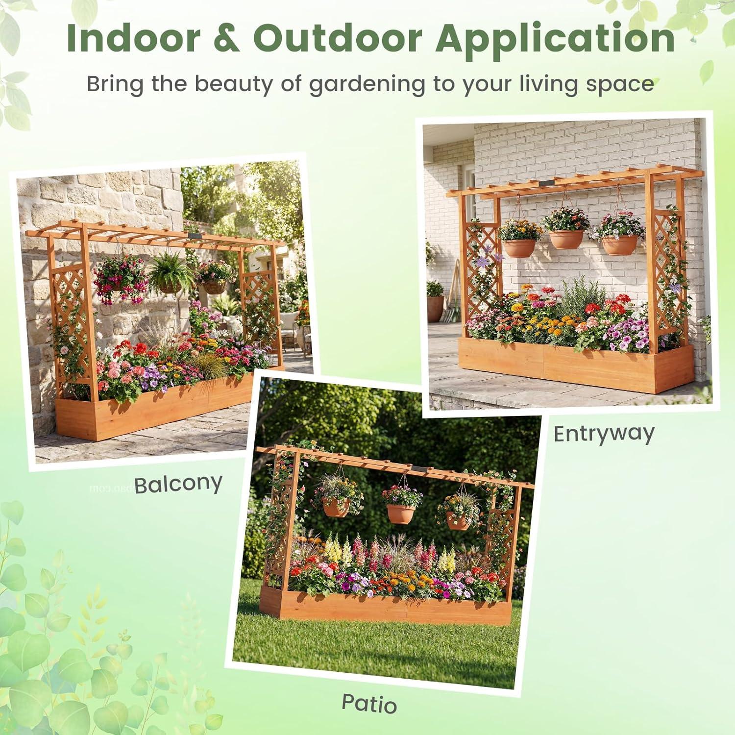 image:imageGiantex Wooden Raised Garden Bed with Trellis amp Hanging Roof Fir Wood Planter Box 45 Freestanding Elevated Garden Bed for Outdoor Climbing Plants Vegetables Flowers Patio amp Balcony OrangeOrange