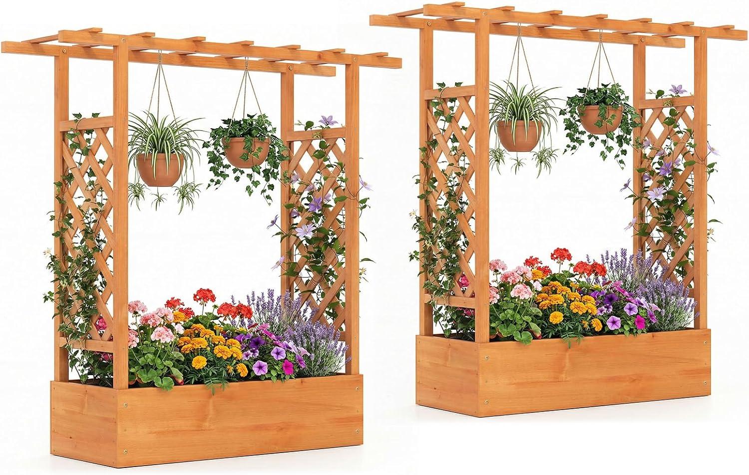 image:imageGiantex Wooden Raised Garden Bed with Trellis amp Hanging Roof Fir Wood Planter Box 45 Freestanding Elevated Garden Bed for Outdoor Climbing Plants Vegetables Flowers Patio amp Balcony OrangeOrange