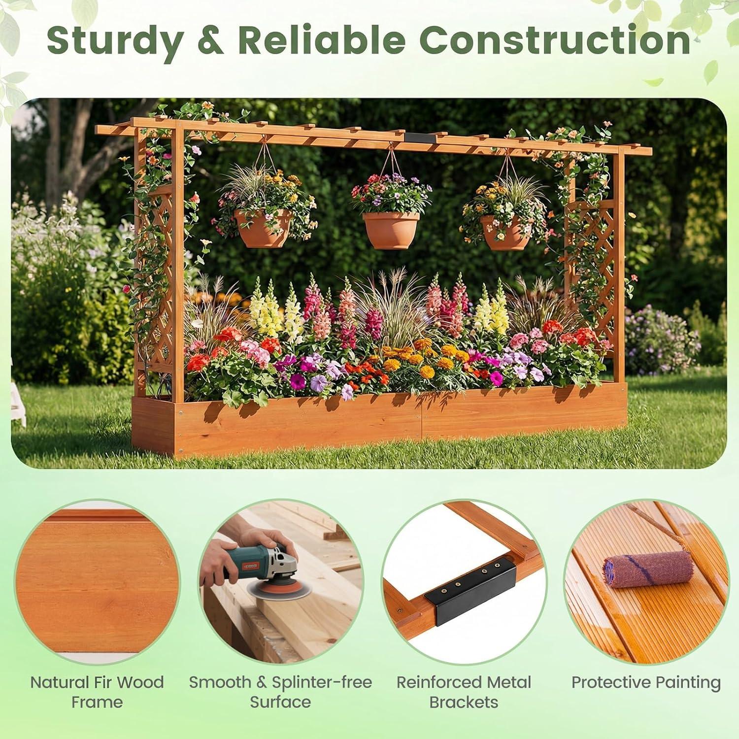 image:imageGiantex Wooden Raised Garden Bed with Trellis amp Hanging Roof Fir Wood Planter Box 45 Freestanding Elevated Garden Bed for Outdoor Climbing Plants Vegetables Flowers Patio amp Balcony OrangeOrange