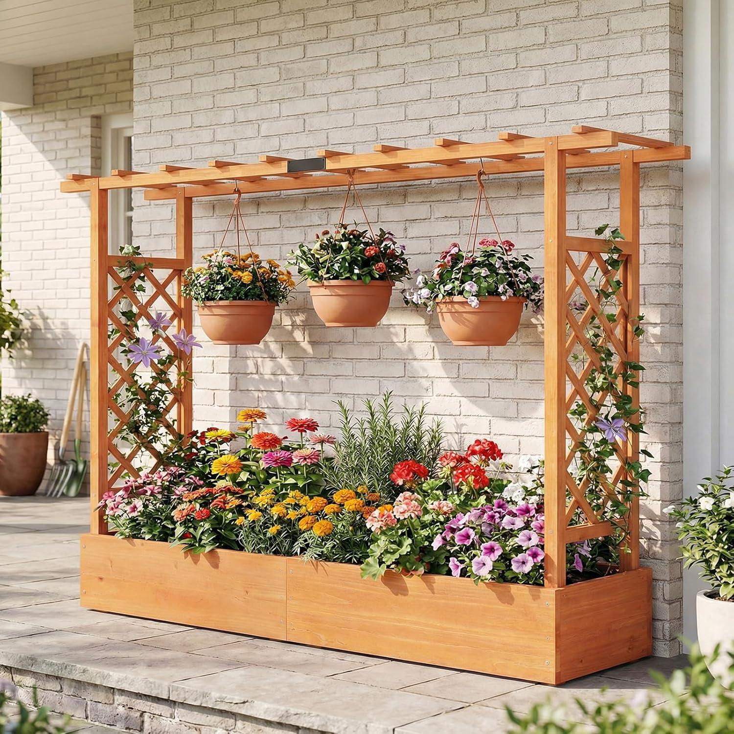 image:imageGiantex Wooden Raised Garden Bed with Trellis amp Hanging Roof Fir Wood Planter Box 45 Freestanding Elevated Garden Bed for Outdoor Climbing Plants Vegetables Flowers Patio amp Balcony OrangeOrange