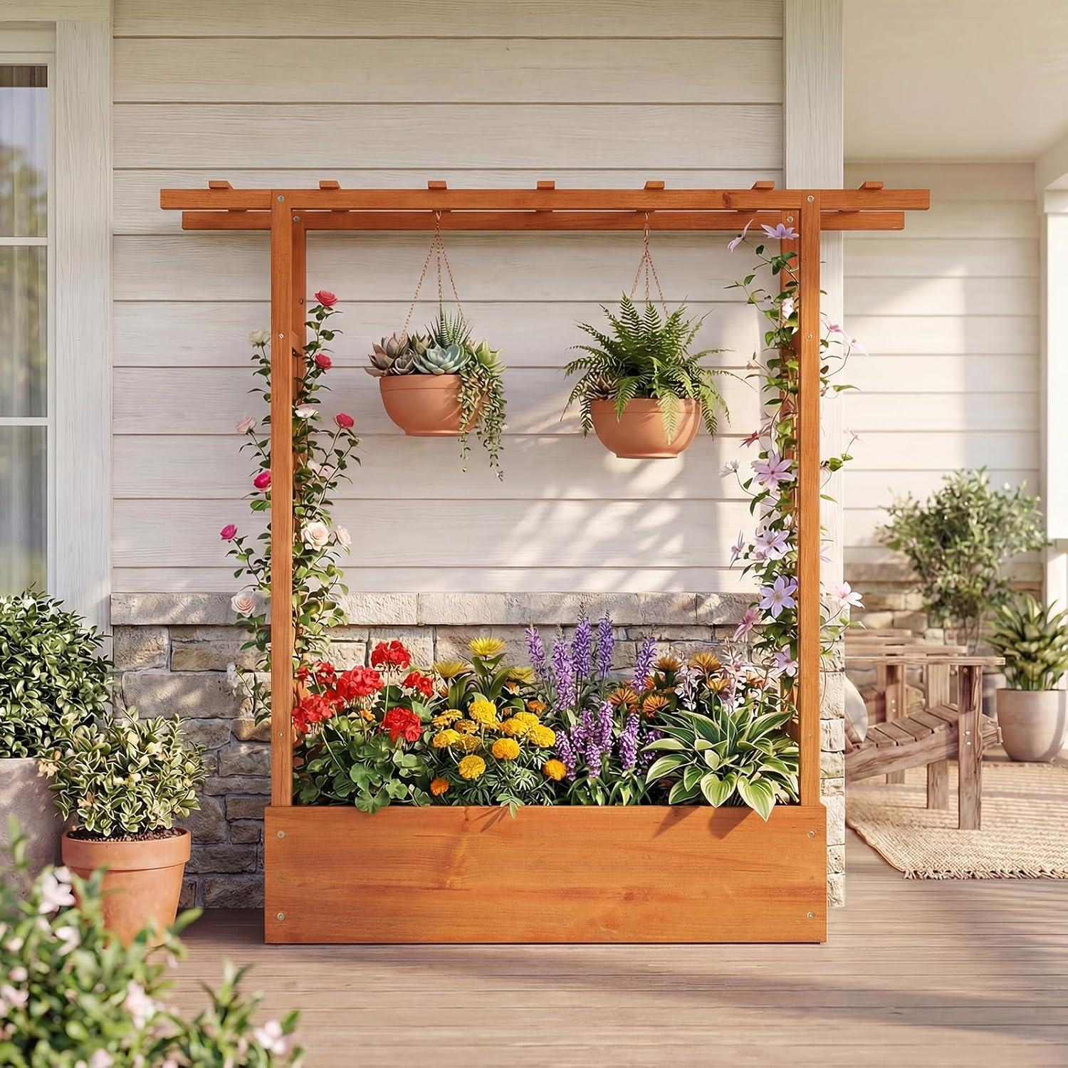 image:imageGiantex Wooden Raised Garden Bed with Trellis amp Hanging Roof Fir Wood Planter Box 45 Freestanding Elevated Garden Bed for Outdoor Climbing Plants Vegetables Flowers Patio amp Balcony OrangeOrange