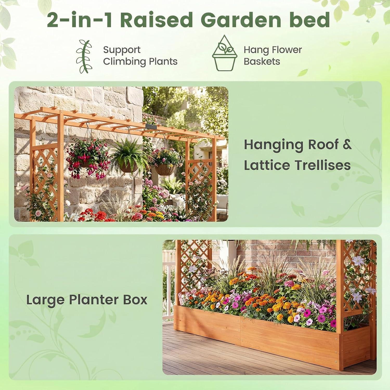 image:imageGiantex Wooden Raised Garden Bed with Trellis amp Hanging Roof Fir Wood Planter Box 45 Freestanding Elevated Garden Bed for Outdoor Climbing Plants Vegetables Flowers Patio amp Balcony OrangeOrange