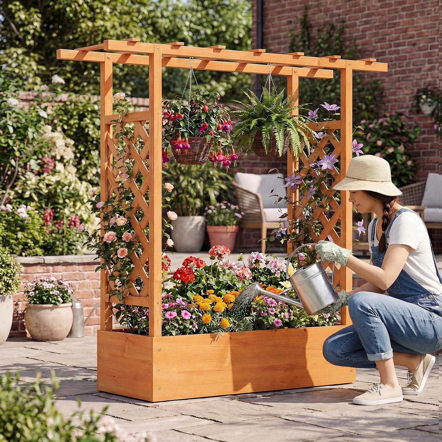 image:imageGiantex Wooden Raised Garden Bed with Trellis amp Hanging Roof Fir Wood Planter Box 45 Freestanding Elevated Garden Bed for Outdoor Climbing Plants Vegetables Flowers Patio amp Balcony OrangeOrange
