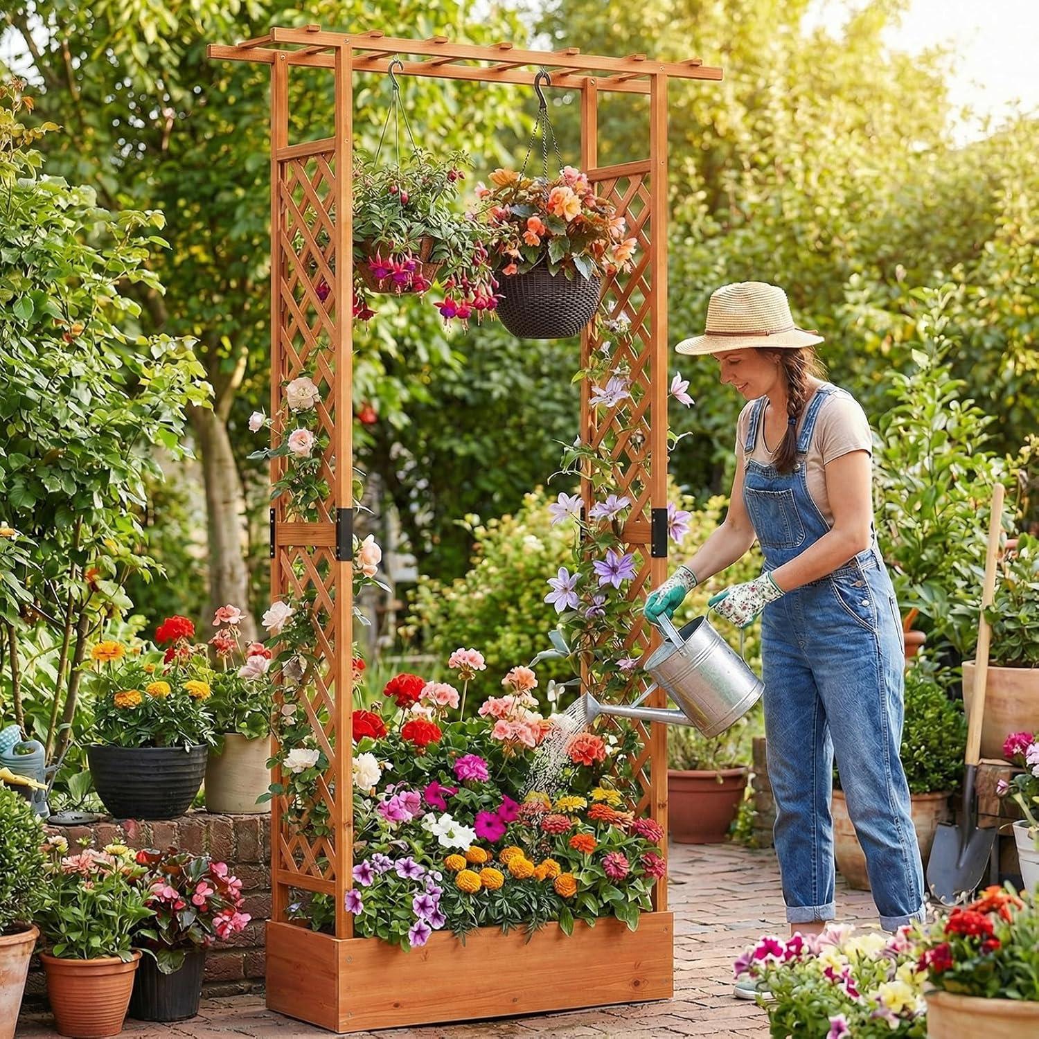 image:imageGiantex Wooden Raised Garden Bed with Trellis amp Hanging Roof Fir Wood Planter Box 45 Freestanding Elevated Garden Bed for Outdoor Climbing Plants Vegetables Flowers Patio amp Balcony OrangeOrange