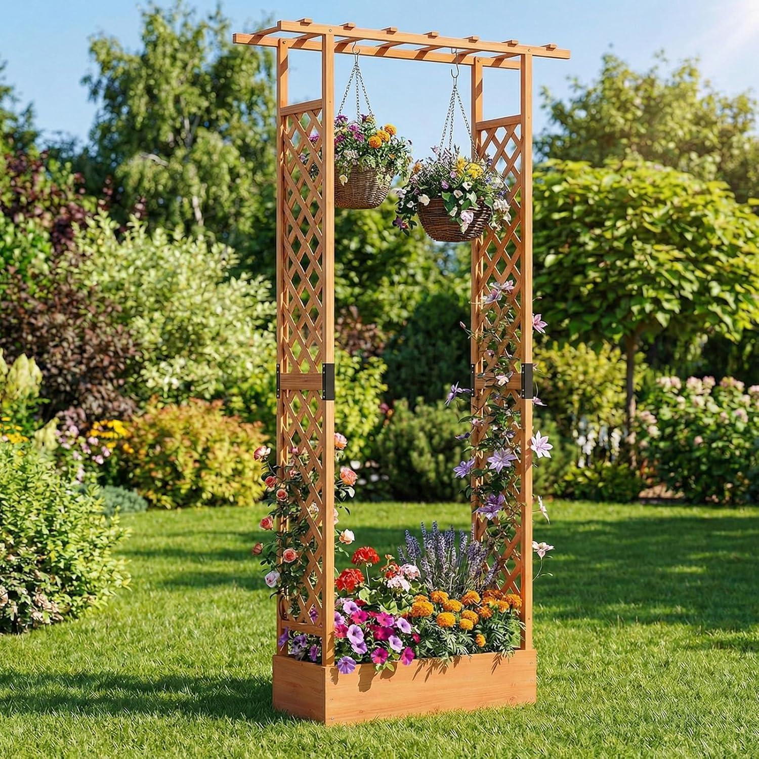 image:imageGiantex Wooden Raised Garden Bed with Trellis amp Hanging Roof Fir Wood Planter Box 45 Freestanding Elevated Garden Bed for Outdoor Climbing Plants Vegetables Flowers Patio amp Balcony OrangeOrange
