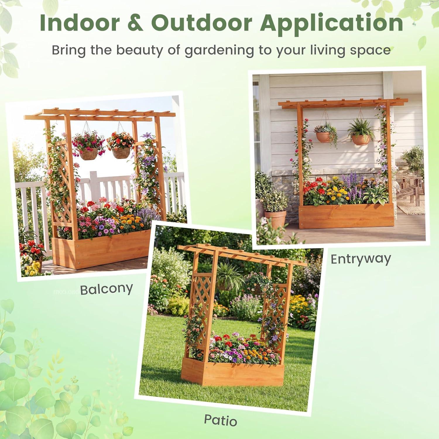 image:imageGiantex Wooden Raised Garden Bed with Trellis amp Hanging Roof Fir Wood Planter Box 45 Freestanding Elevated Garden Bed for Outdoor Climbing Plants Vegetables Flowers Patio amp Balcony OrangeOrange