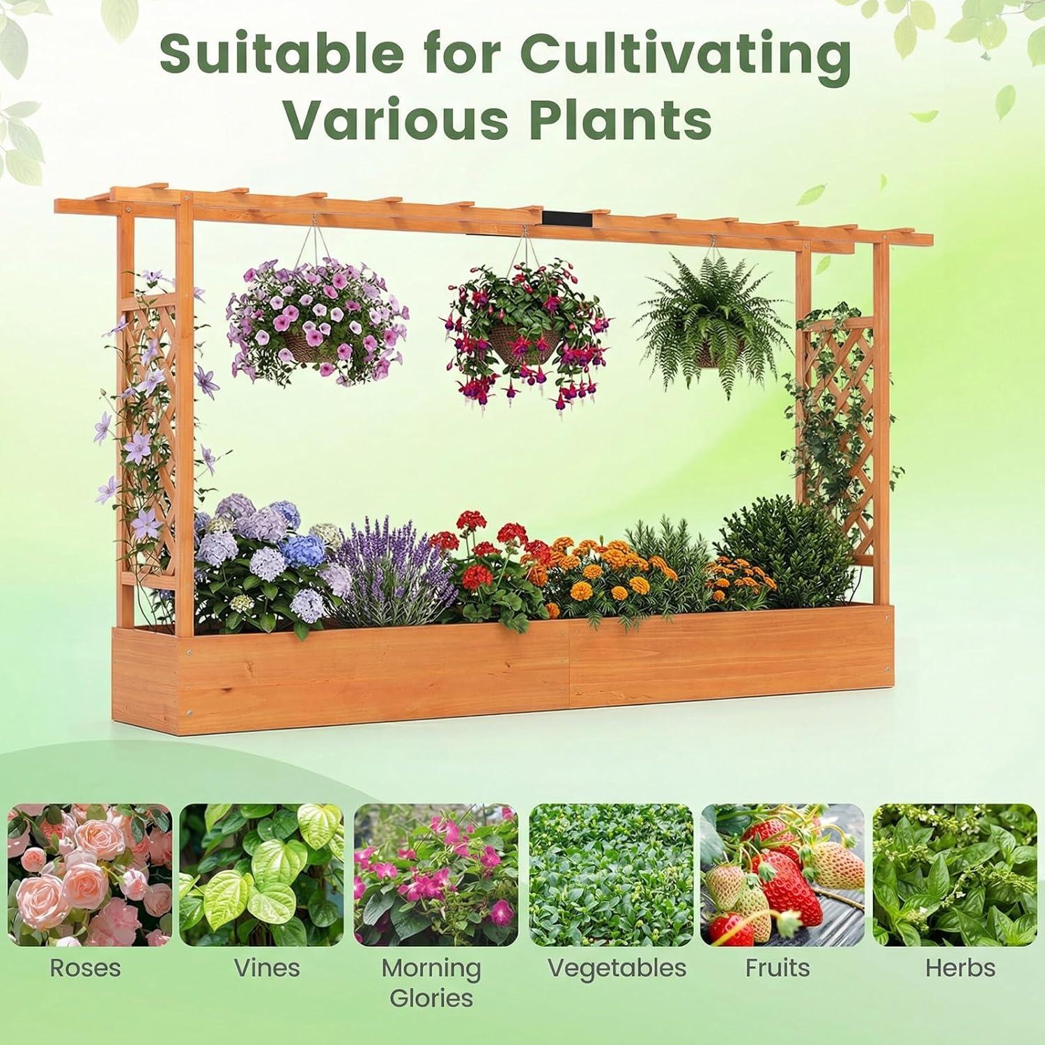 image:imageGiantex Wooden Raised Garden Bed with Trellis amp Hanging Roof Fir Wood Planter Box 45 Freestanding Elevated Garden Bed for Outdoor Climbing Plants Vegetables Flowers Patio amp Balcony OrangeOrange