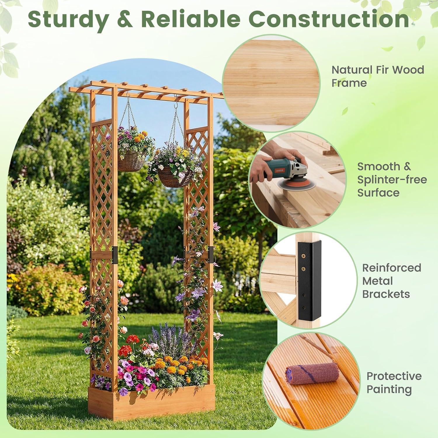 image:imageGiantex Wooden Raised Garden Bed with Trellis amp Hanging Roof Fir Wood Planter Box 45 Freestanding Elevated Garden Bed for Outdoor Climbing Plants Vegetables Flowers Patio amp Balcony OrangeOrange