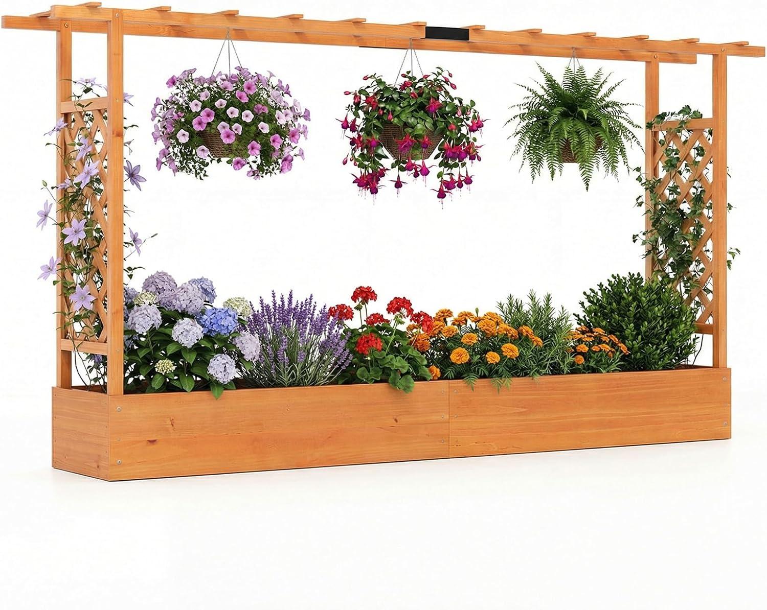 image:imageGiantex Wooden Raised Garden Bed with Trellis amp Hanging Roof Fir Wood Planter Box 45 Freestanding Elevated Garden Bed for Outdoor Climbing Plants Vegetables Flowers Patio amp Balcony OrangeOrange