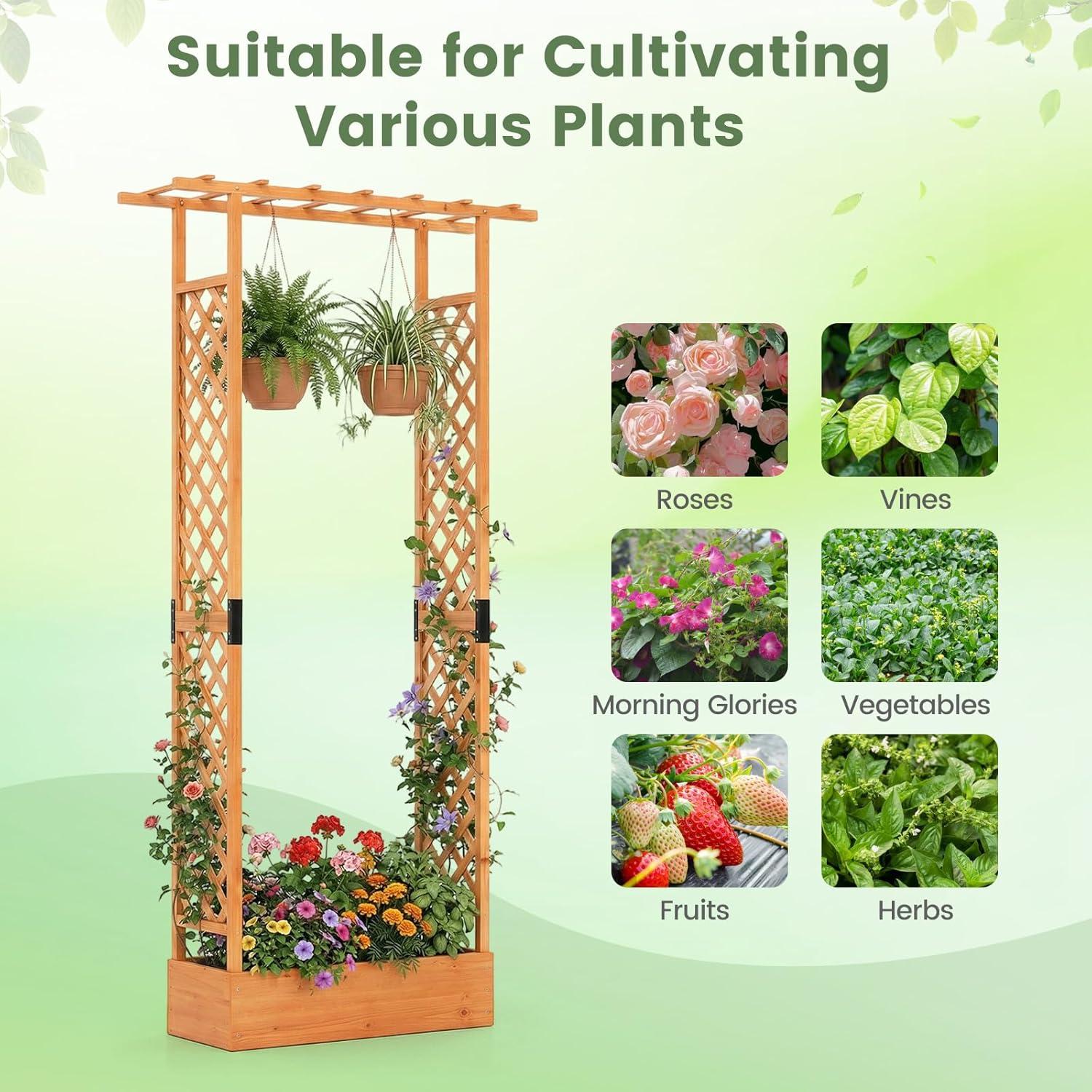 image:imageGiantex Wooden Raised Garden Bed with Trellis amp Hanging Roof Fir Wood Planter Box 45 Freestanding Elevated Garden Bed for Outdoor Climbing Plants Vegetables Flowers Patio amp Balcony OrangeOrange