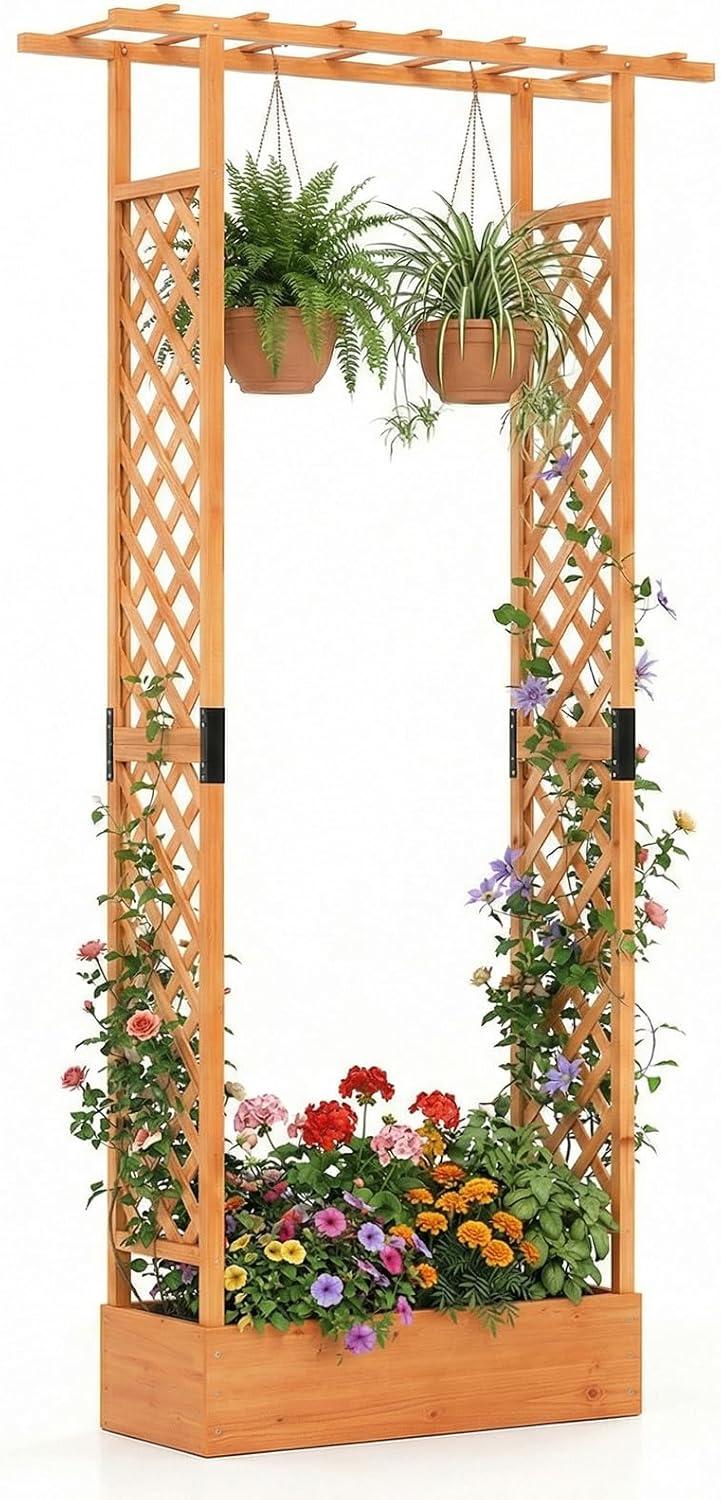 image:imageGiantex Wooden Raised Garden Bed with Trellis amp Hanging Roof Fir Wood Planter Box 45 Freestanding Elevated Garden Bed for Outdoor Climbing Plants Vegetables Flowers Patio amp Balcony OrangeOrange