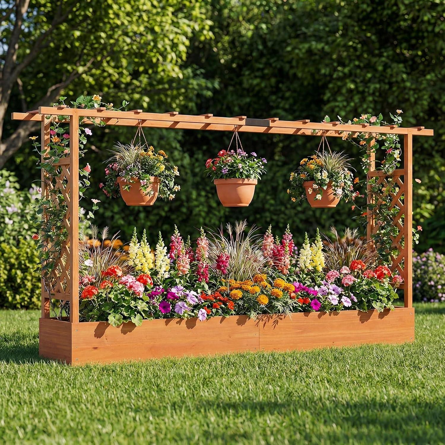 image:imageGiantex Wooden Raised Garden Bed with Trellis amp Hanging Roof Fir Wood Planter Box 45 Freestanding Elevated Garden Bed for Outdoor Climbing Plants Vegetables Flowers Patio amp Balcony OrangeOrange