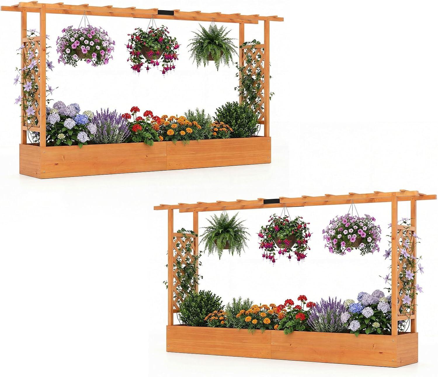 image:imageGiantex Wooden Raised Garden Bed with Trellis amp Hanging Roof Fir Wood Planter Box 45 Freestanding Elevated Garden Bed for Outdoor Climbing Plants Vegetables Flowers Patio amp Balcony OrangeOrange