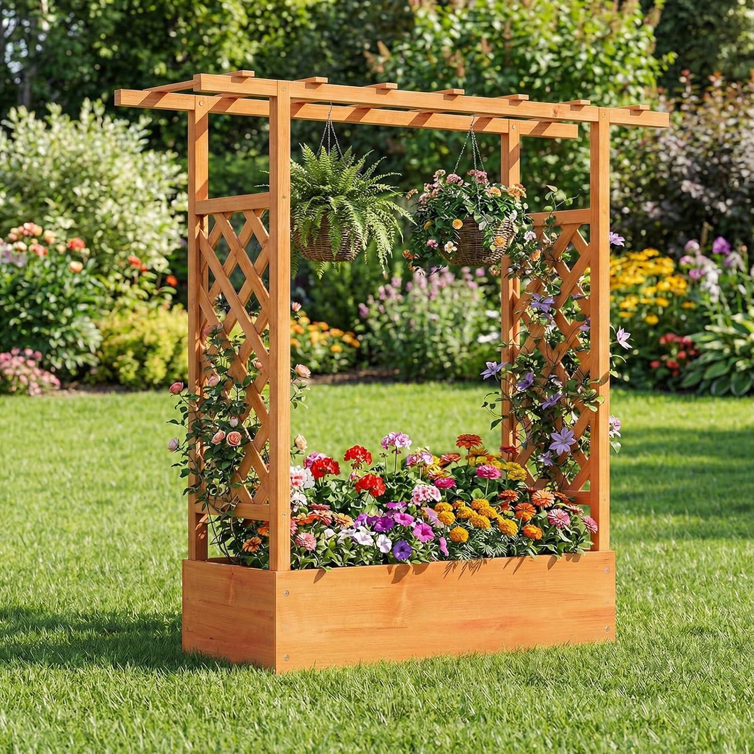 image:imageGiantex Wooden Raised Garden Bed with Trellis amp Hanging Roof Fir Wood Planter Box 45 Freestanding Elevated Garden Bed for Outdoor Climbing Plants Vegetables Flowers Patio amp Balcony OrangeOrange