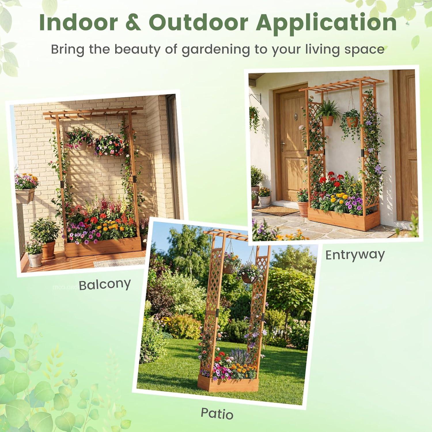 image:imageGiantex Wooden Raised Garden Bed with Trellis amp Hanging Roof Fir Wood Planter Box 45 Freestanding Elevated Garden Bed for Outdoor Climbing Plants Vegetables Flowers Patio amp Balcony OrangeOrange