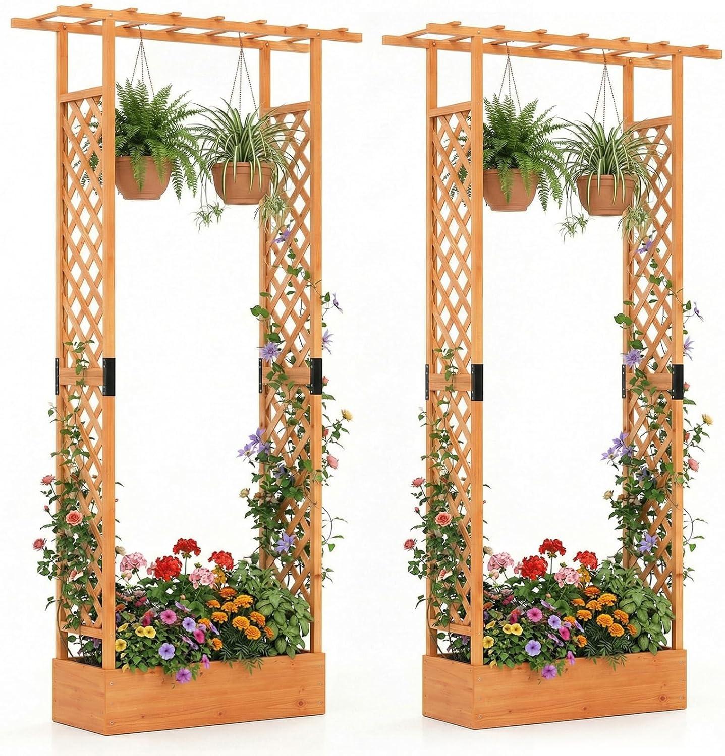 image:imageGiantex Wooden Raised Garden Bed with Trellis amp Hanging Roof Fir Wood Planter Box 45 Freestanding Elevated Garden Bed for Outdoor Climbing Plants Vegetables Flowers Patio amp Balcony OrangeOrange