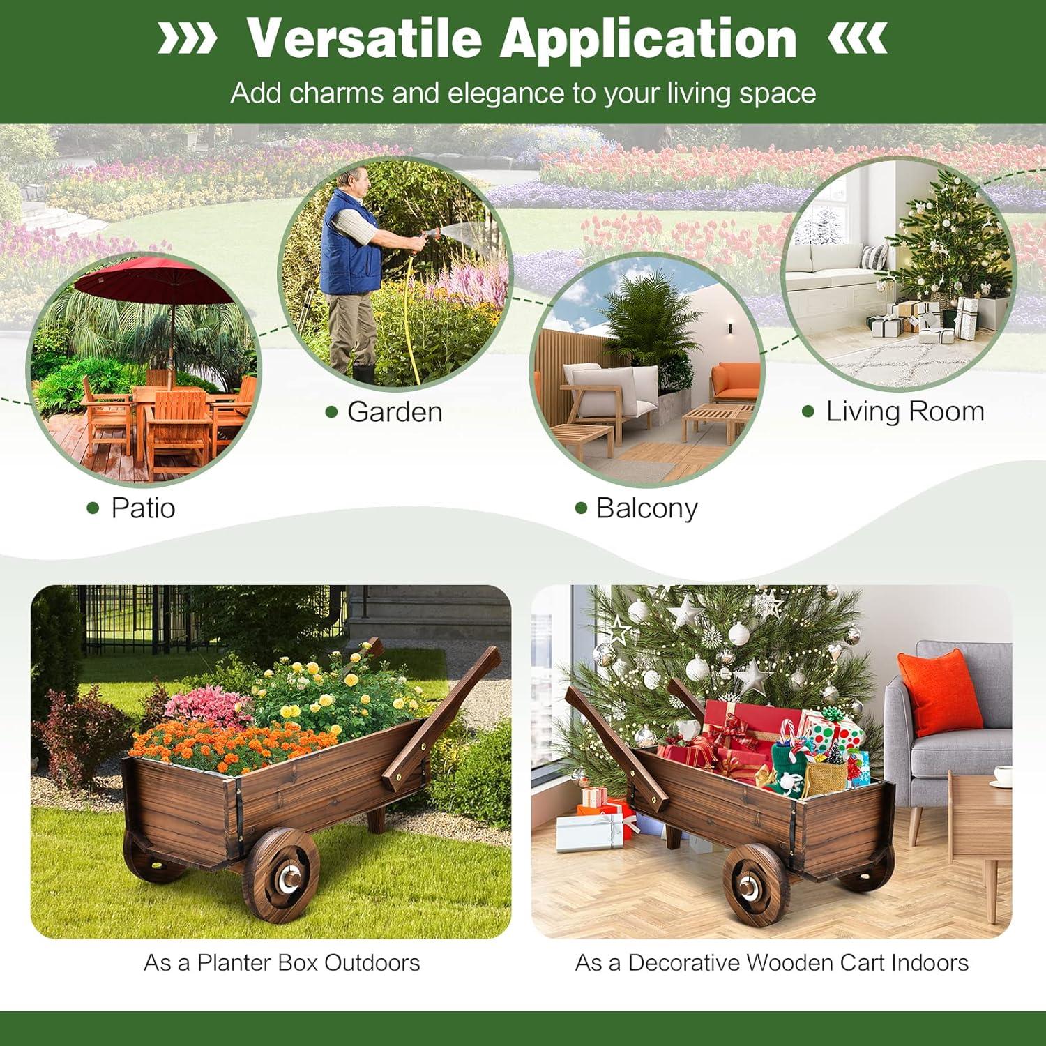 image:imageGiantex Wooden Wagon Planter Box Decorative Wagon Cart with Wheels Handles Drainage Hole Flower Planter Pot Stand Rustic Flowerpot Planter Indoor amp Outdoor Garden Patio Balcony