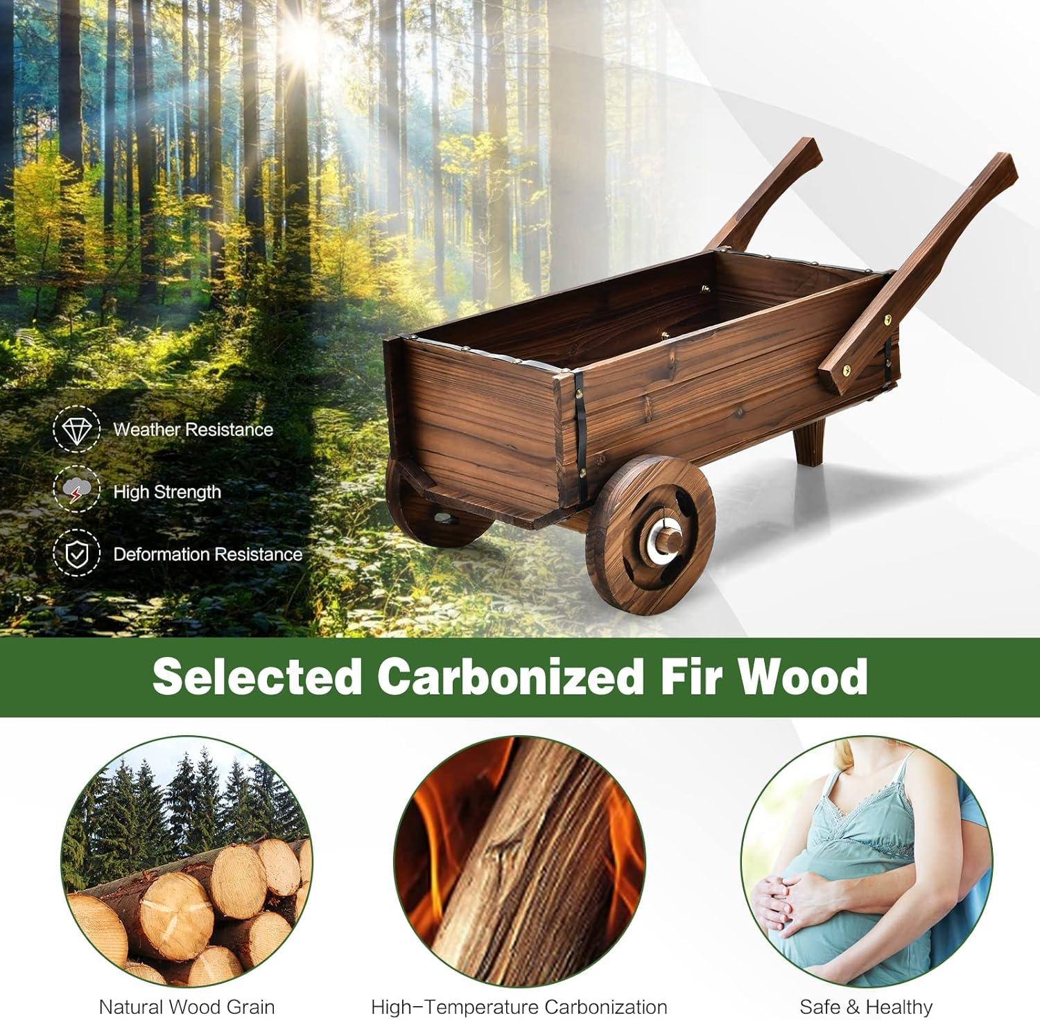 image:imageGiantex Wooden Wagon Planter Box Decorative Wagon Cart with Wheels Handles Drainage Hole Flower Planter Pot Stand Rustic Flowerpot Planter Indoor amp Outdoor Garden Patio Balcony