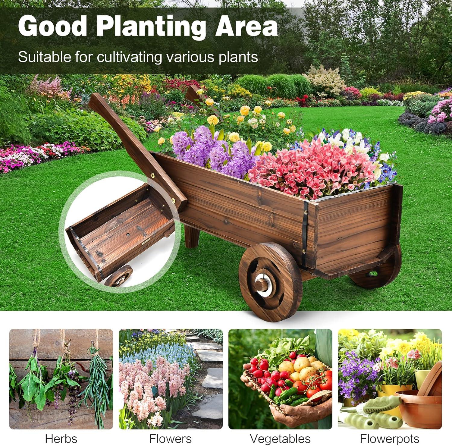 image:imageGiantex Wooden Wagon Planter Box Decorative Wagon Cart with Wheels Handles Drainage Hole Flower Planter Pot Stand Rustic Flowerpot Planter Indoor amp Outdoor Garden Patio Balcony