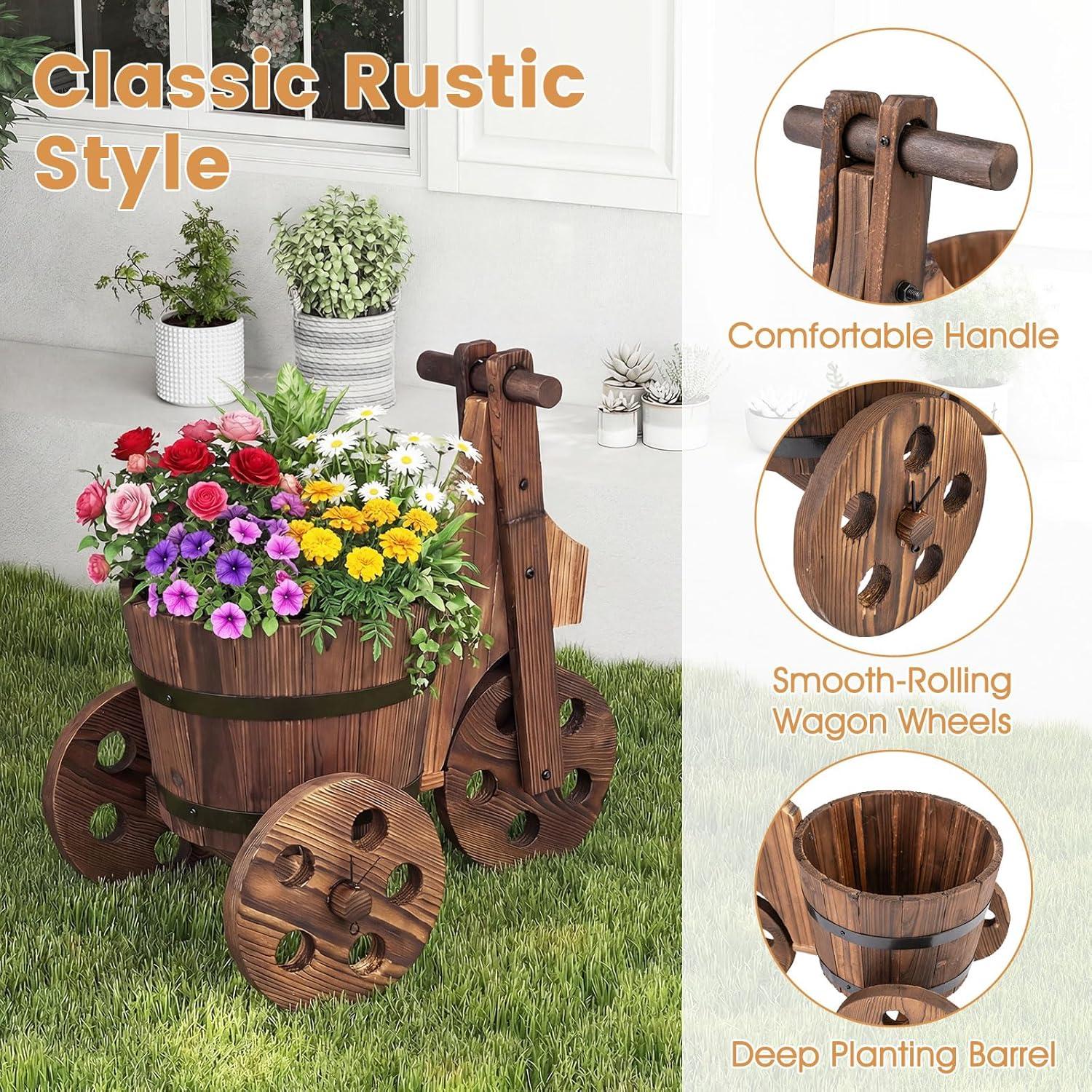 image:imageGiantex Wooden Wagon Planter with Wheels Rustic Wood Plant Stand with Drainage Hole for Flowers Herbs Vegetables Indoor Outdoor Decorative Garden Flower Cart for Patio Backyard Balcony 12