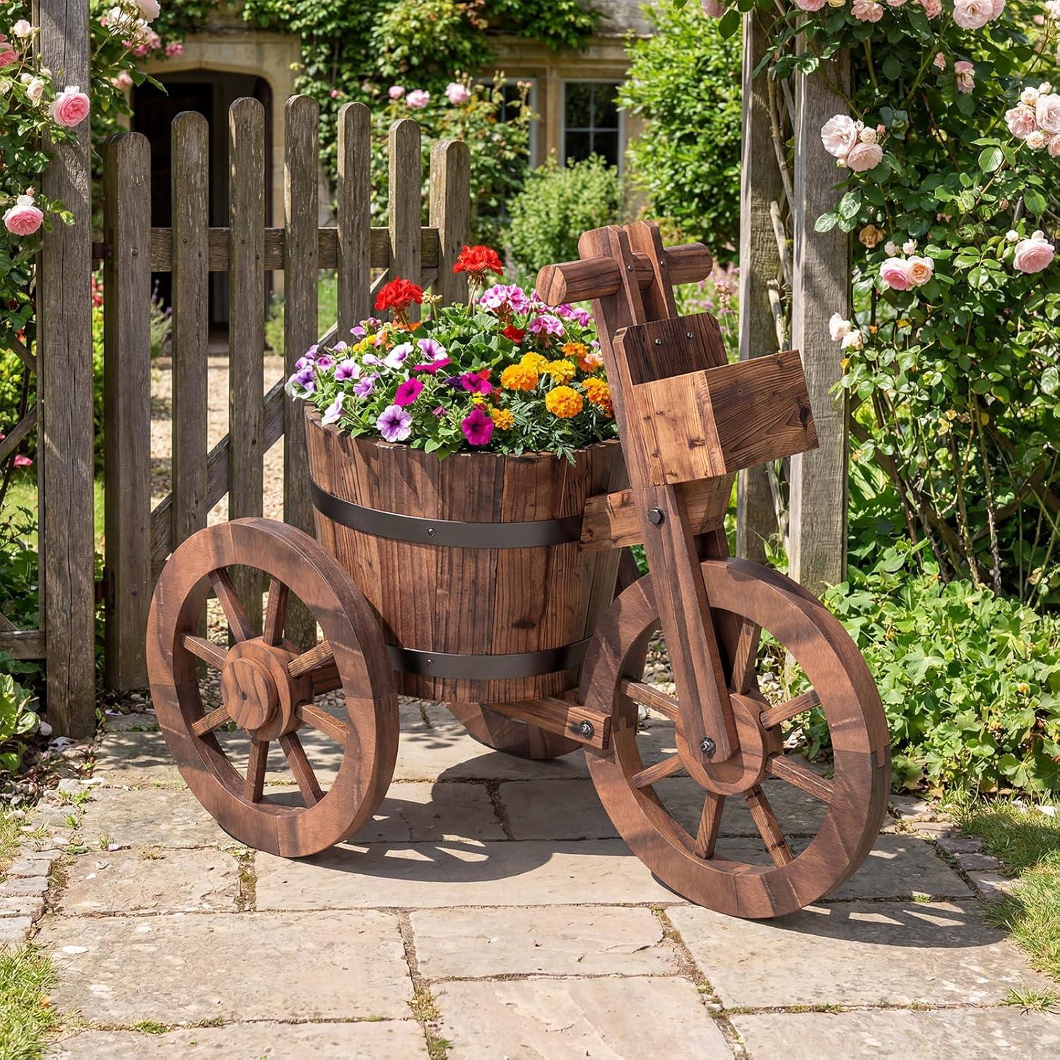 image:imageGiantex Wooden Wagon Planter with Wheels Rustic Wood Plant Stand with Drainage Hole for Flowers Herbs Vegetables Indoor Outdoor Decorative Garden Flower Cart for Patio Backyard Balcony 12