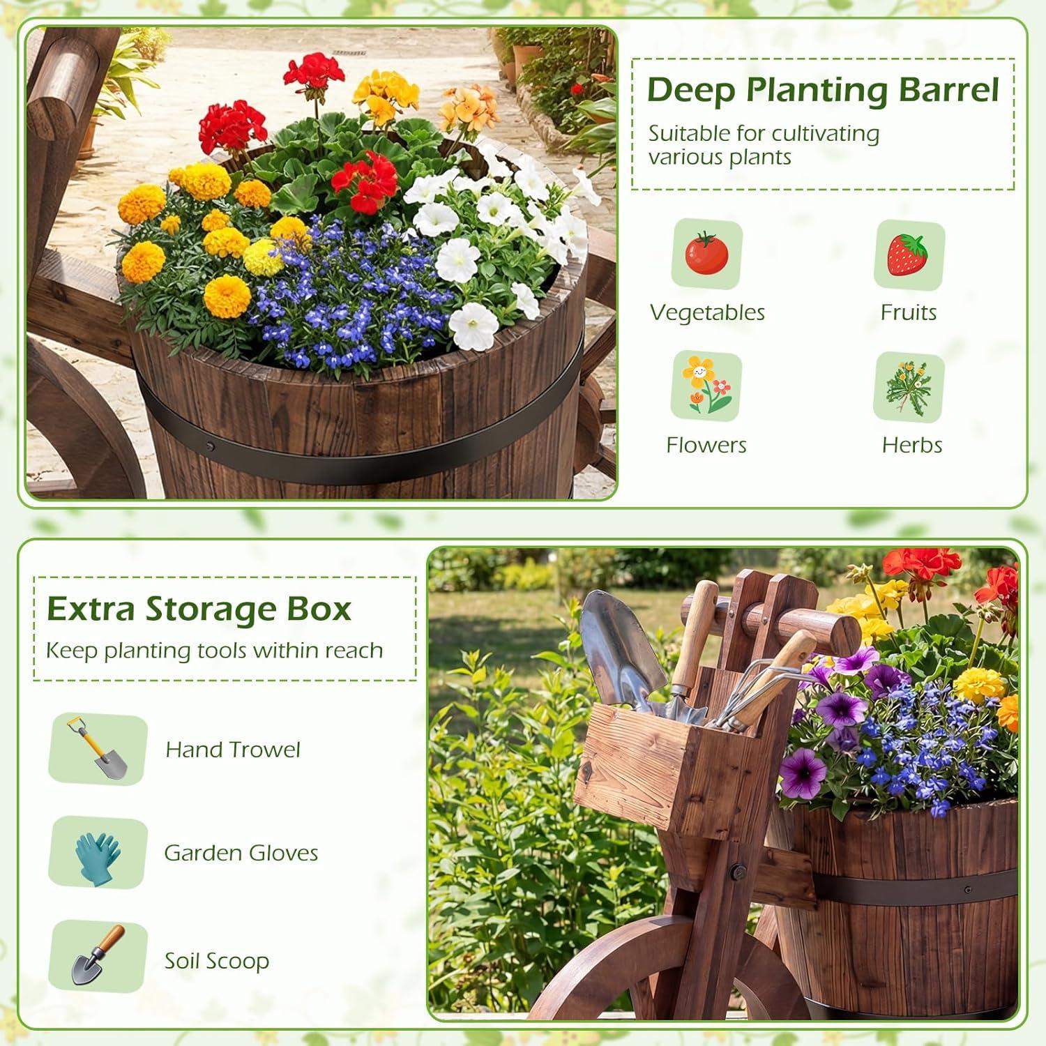 image:imageGiantex Wooden Wagon Planter with Wheels Rustic Wood Plant Stand with Drainage Hole for Flowers Herbs Vegetables Indoor Outdoor Decorative Garden Flower Cart for Patio Backyard Balcony 12