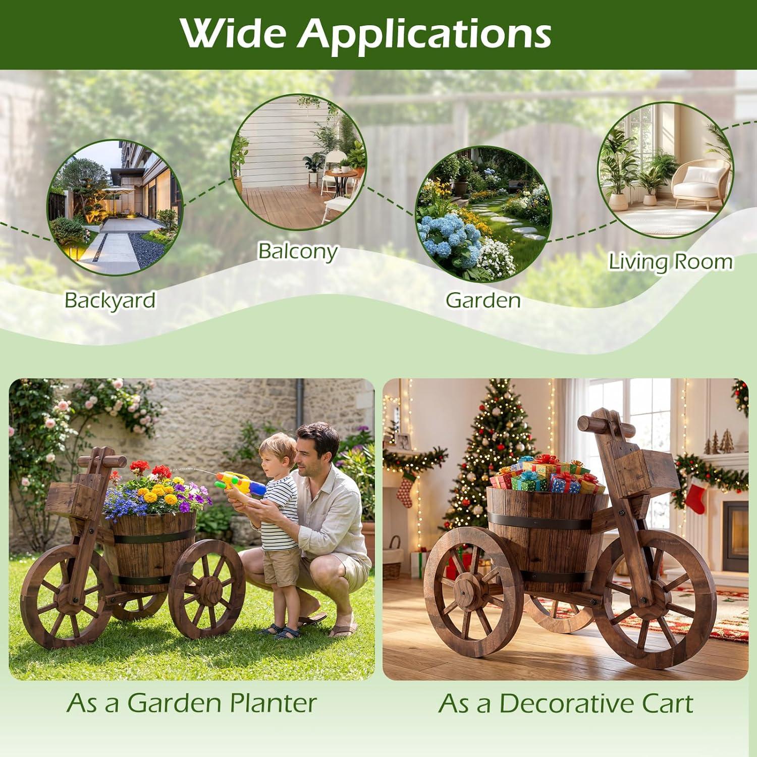image:imageGiantex Wooden Wagon Planter with Wheels Rustic Wood Plant Stand with Drainage Hole for Flowers Herbs Vegetables Indoor Outdoor Decorative Garden Flower Cart for Patio Backyard Balcony 11