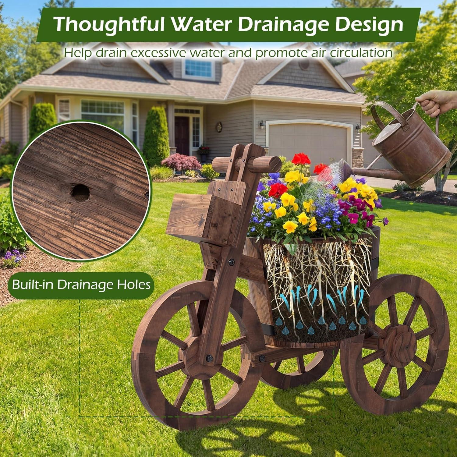 image:imageGiantex Wooden Wagon Planter with Wheels Rustic Wood Plant Stand with Drainage Hole for Flowers Herbs Vegetables Indoor Outdoor Decorative Garden Flower Cart for Patio Backyard Balcony 11