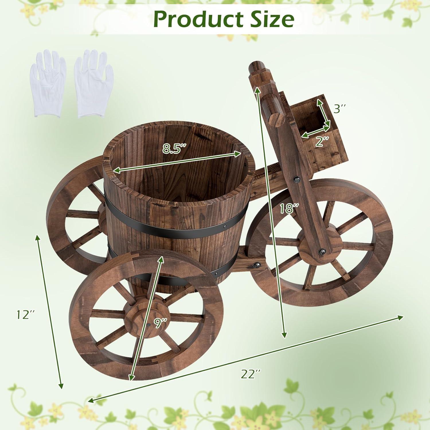 image:imageGiantex Wooden Wagon Planter with Wheels Rustic Wood Plant Stand with Drainage Hole for Flowers Herbs Vegetables Indoor Outdoor Decorative Garden Flower Cart for Patio Backyard Balcony 12
