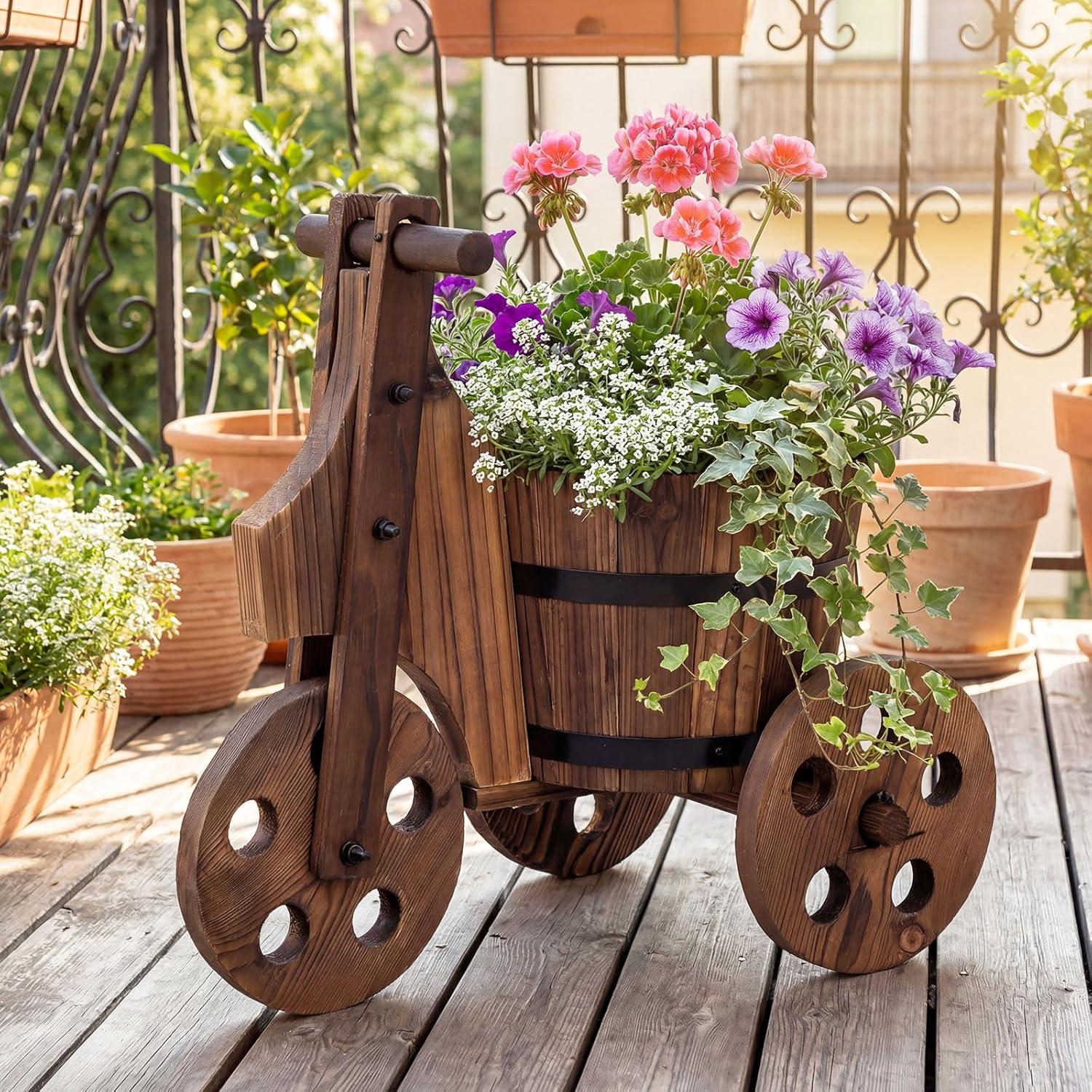 image:imageGiantex Wooden Wagon Planter with Wheels Rustic Wood Plant Stand with Drainage Hole for Flowers Herbs Vegetables Indoor Outdoor Decorative Garden Flower Cart for Patio Backyard Balcony 11