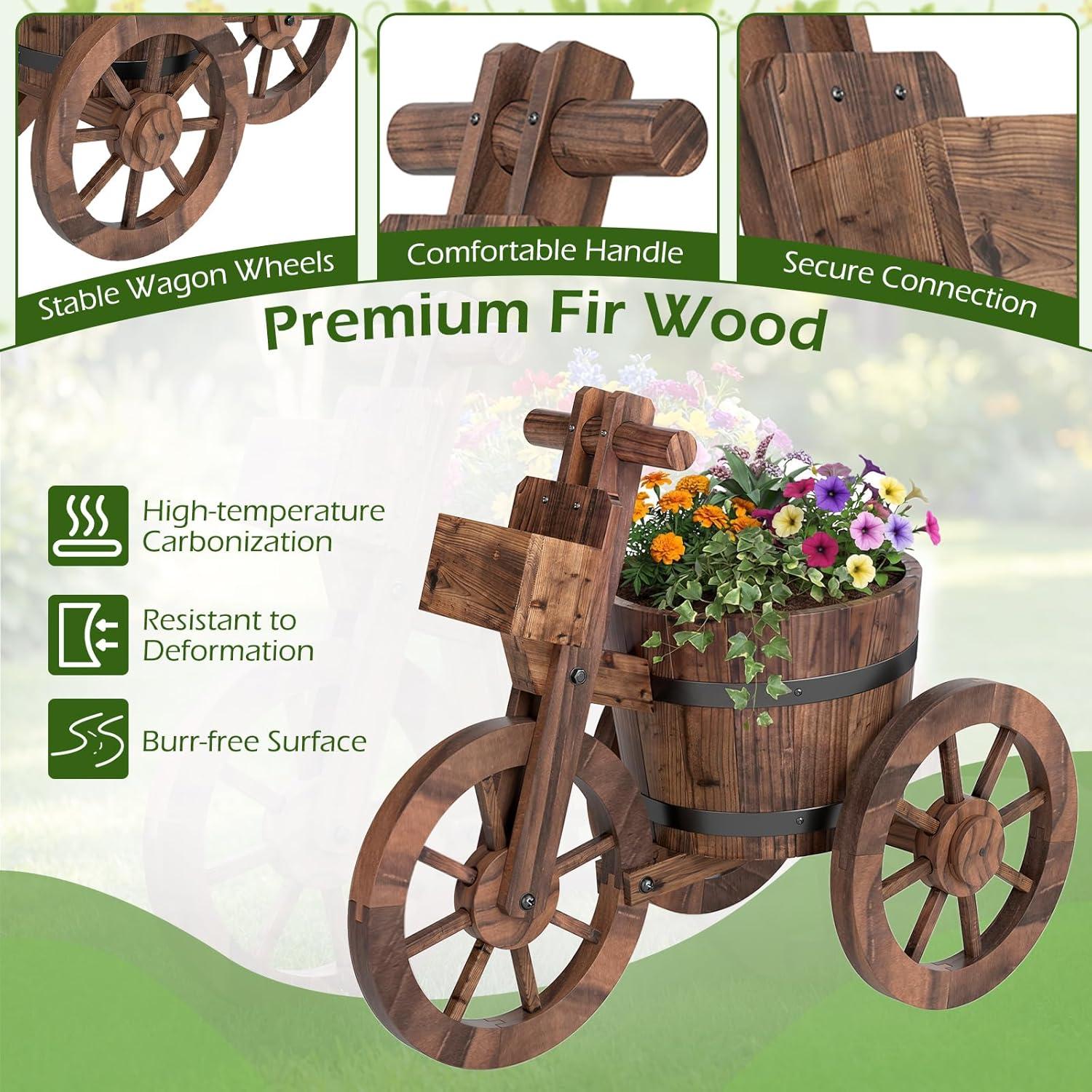 image:imageGiantex Wooden Wagon Planter with Wheels Rustic Wood Plant Stand with Drainage Hole for Flowers Herbs Vegetables Indoor Outdoor Decorative Garden Flower Cart for Patio Backyard Balcony 11